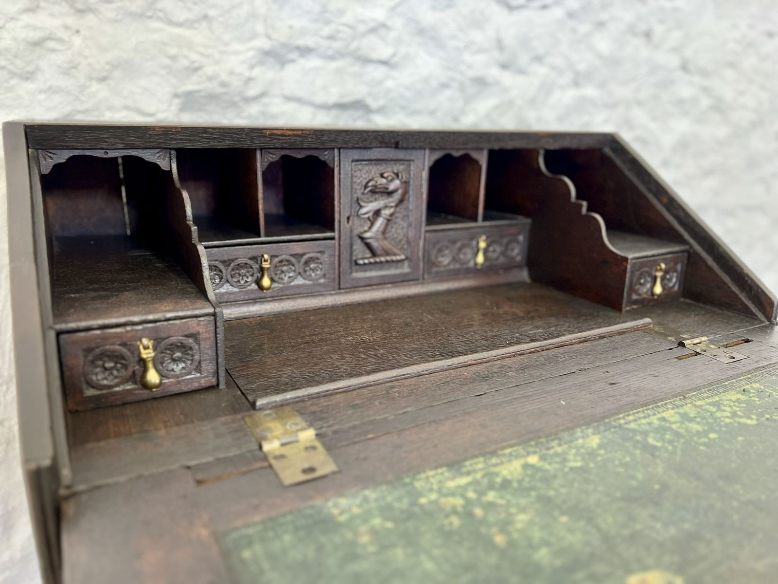 795.0 Antique Carved English Oak Chinoiserie Bureau Chest Secretary Writing Desk Secretaire With Drawers photo
