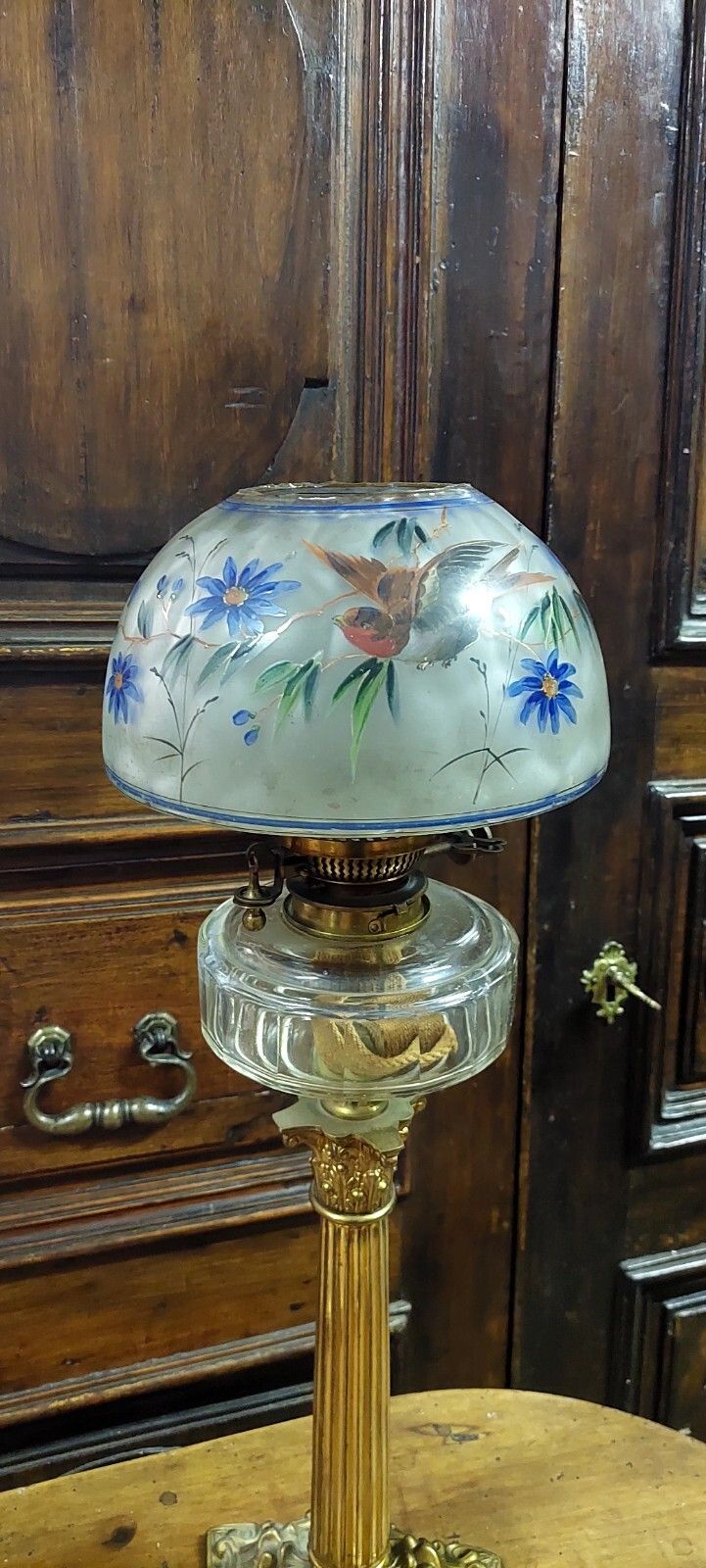 Antique Oil Lamp Bronze Golden Painted Glass XIX Century Original photo vintage