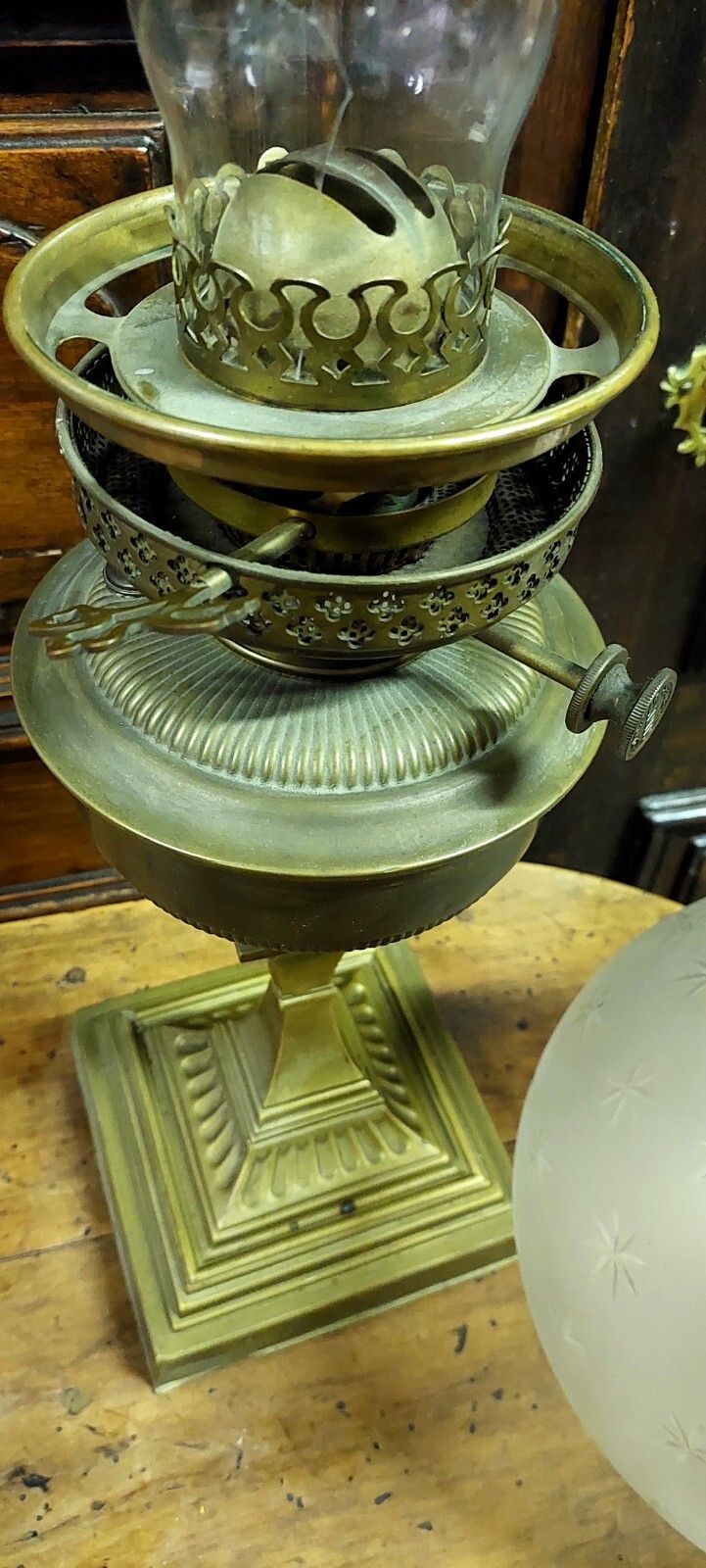 Large Antique Oil Lamp Brass XIX Century Etched Glass photo furniture