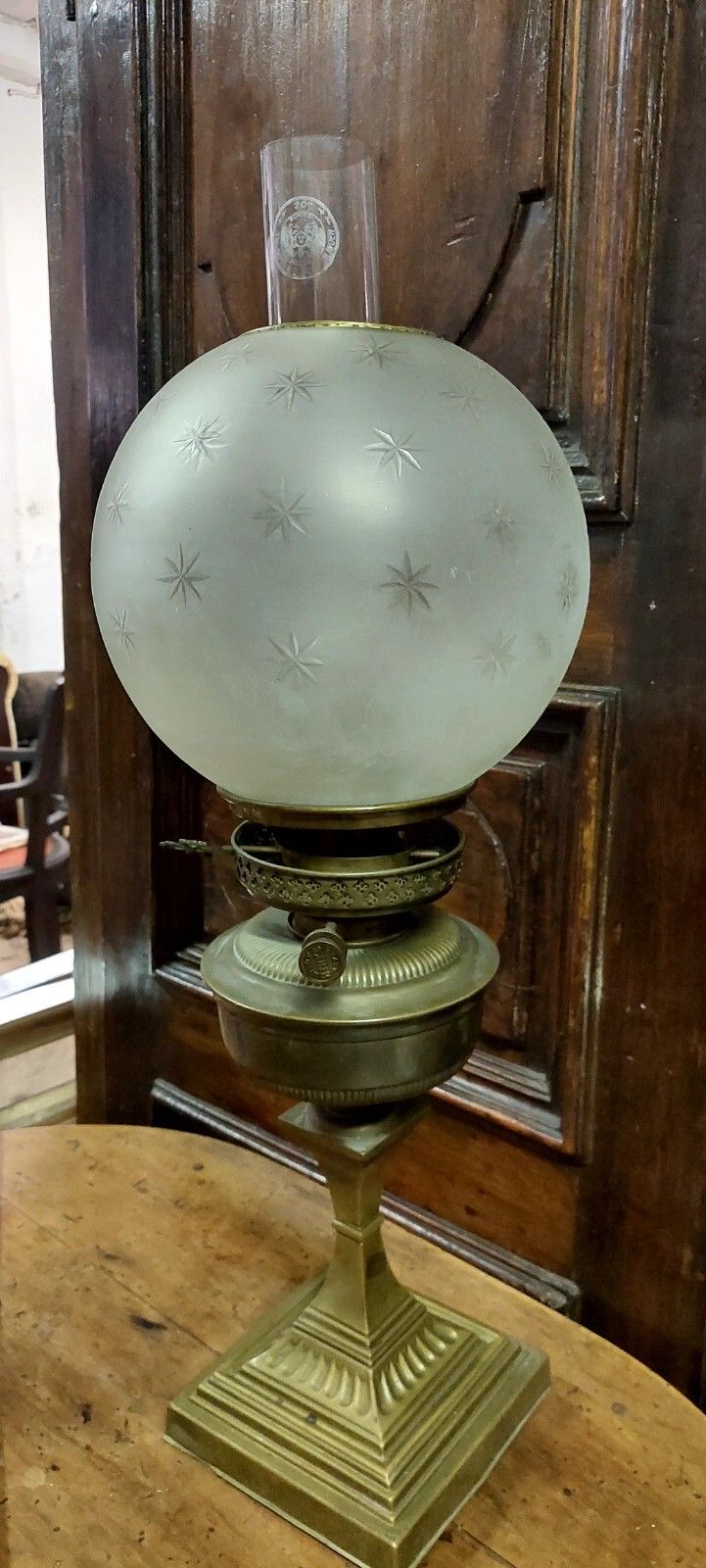 Large Antique Oil Lamp Brass XIX Century Etched Glass photo Lighting