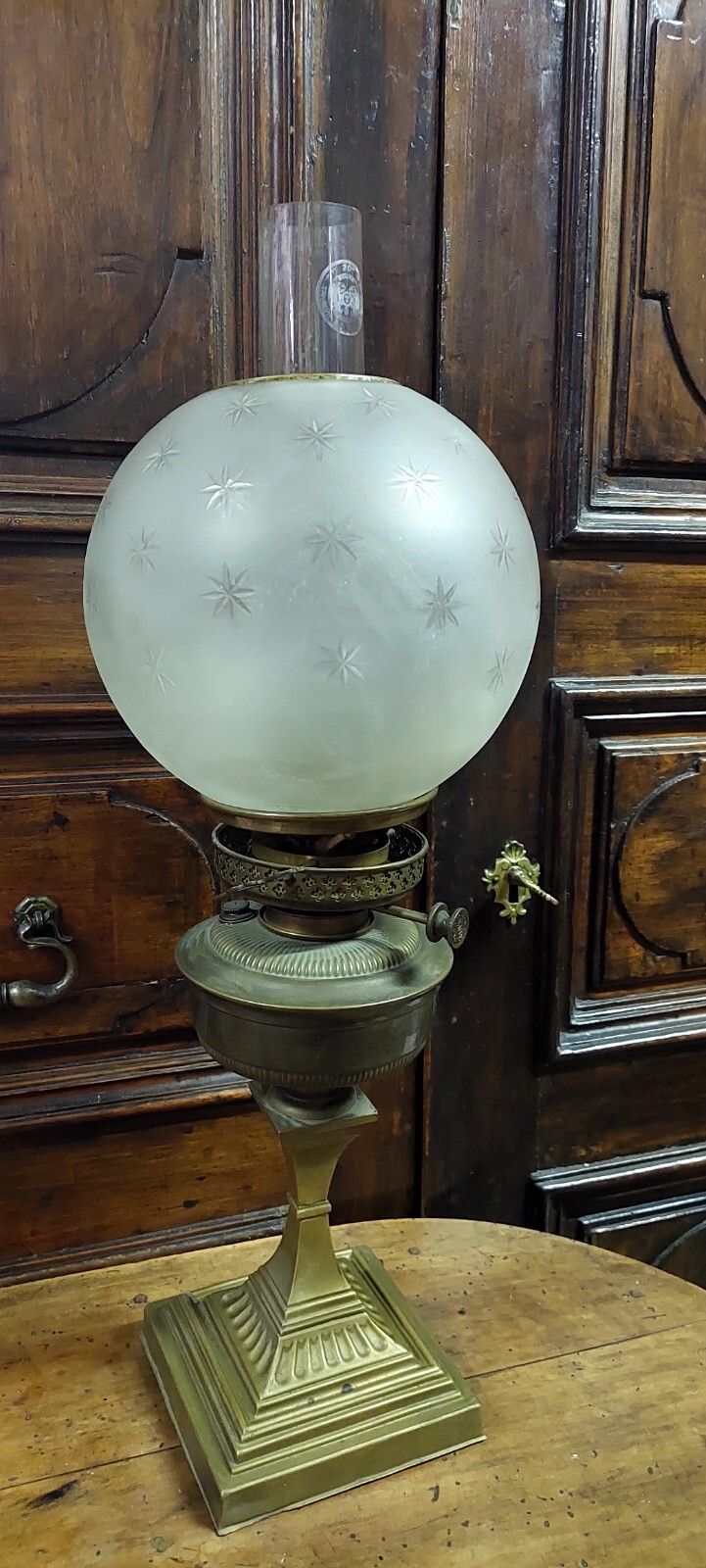 photo for sale Large Antique Oil Lamp Brass XIX Century Etched Glass