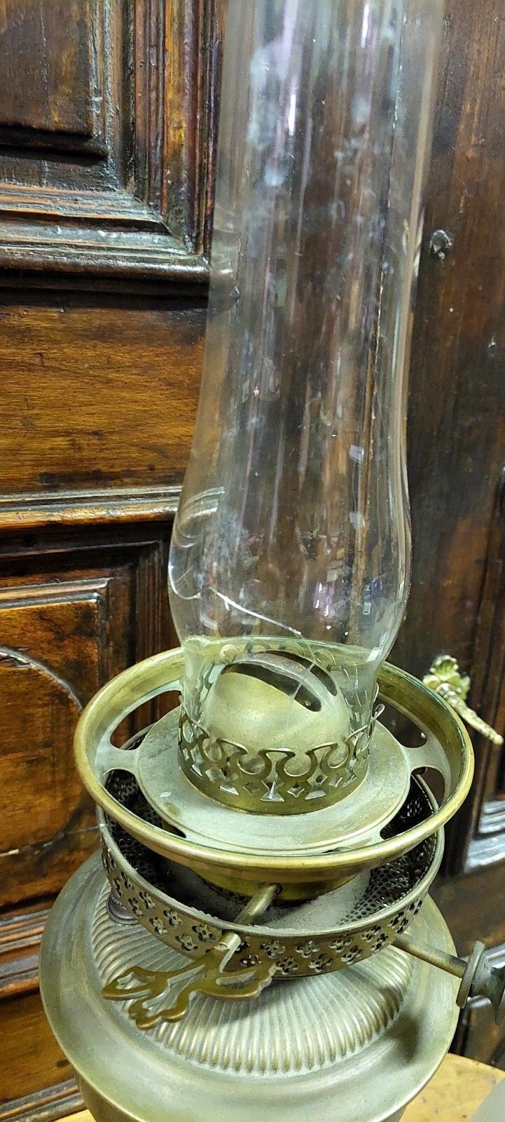 Lighting Large Antique Oil Lamp Brass XIX Century Etched Glass photo