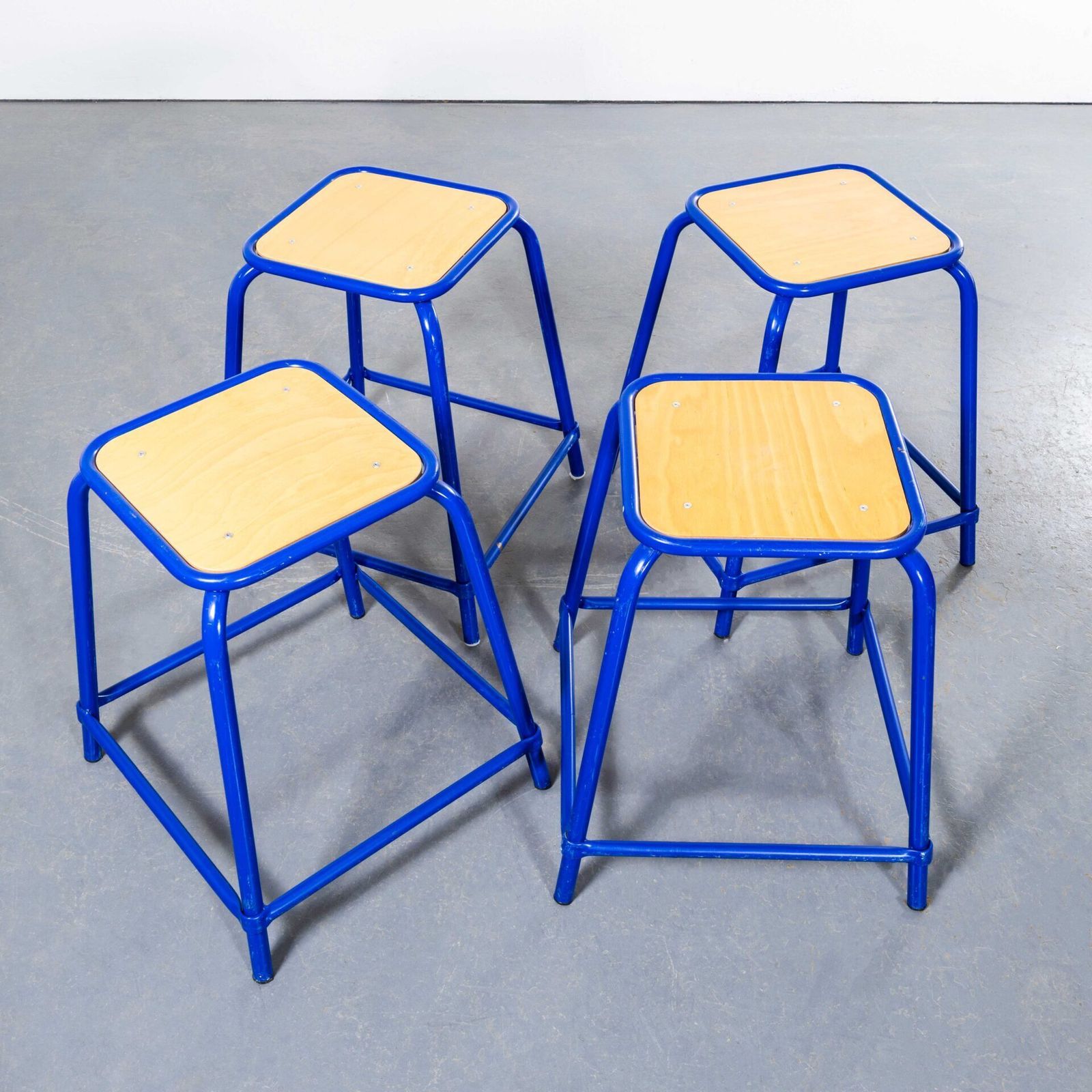 1970’s French Bright Blue Wide Laboratory Stools – Set Of Four photo for sale
