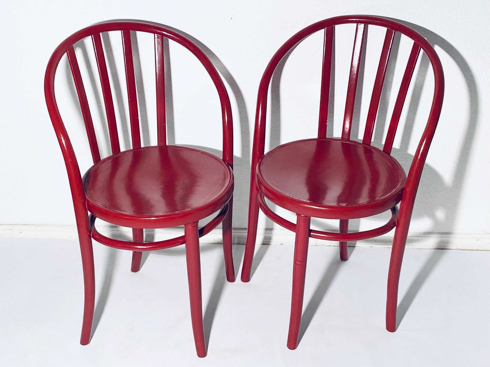 Thonet Bentwood Set Of Two Antique Red Wooden Bistro Chairs / Vintage Decor Furniture
