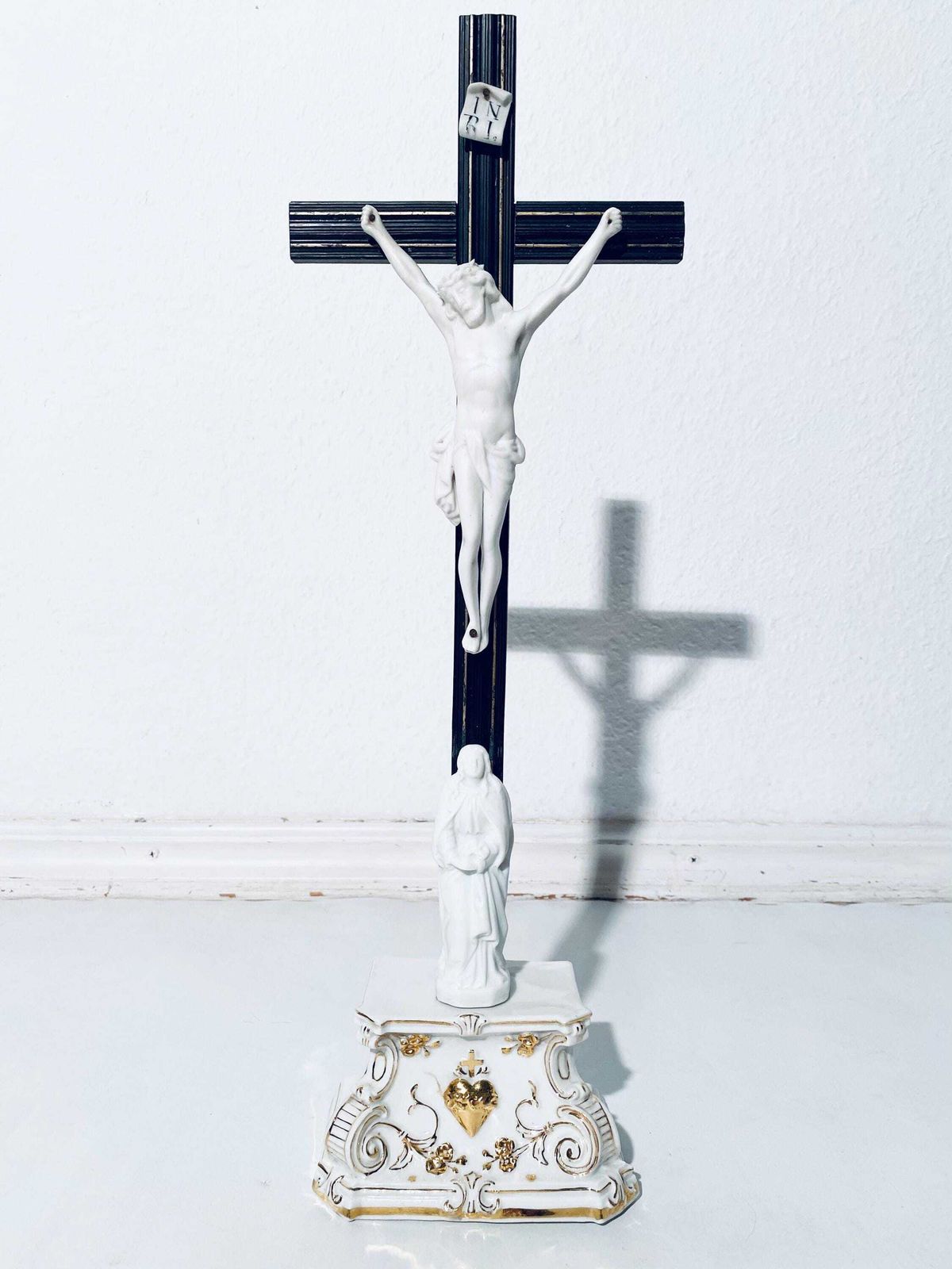 1900s Standing Porcelain Wood Crucifix / Jesus On The Cross / Antique Christian Religious Church Decor photo furniture