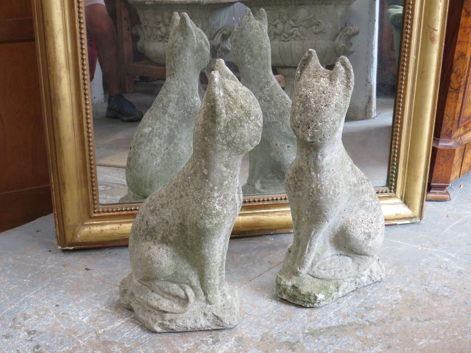 Pair Of Vintage English Weathered Garden Cat Ornaments photo for sale