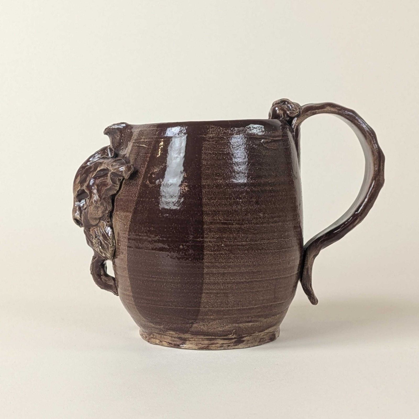 Vintage French Pottery Grotesque Devil Face Jug Signed Studio Art Stoneware Mug Large Satyr Mask Rustic Brown Folk Art Handmade Ceramic Cup photo for sale