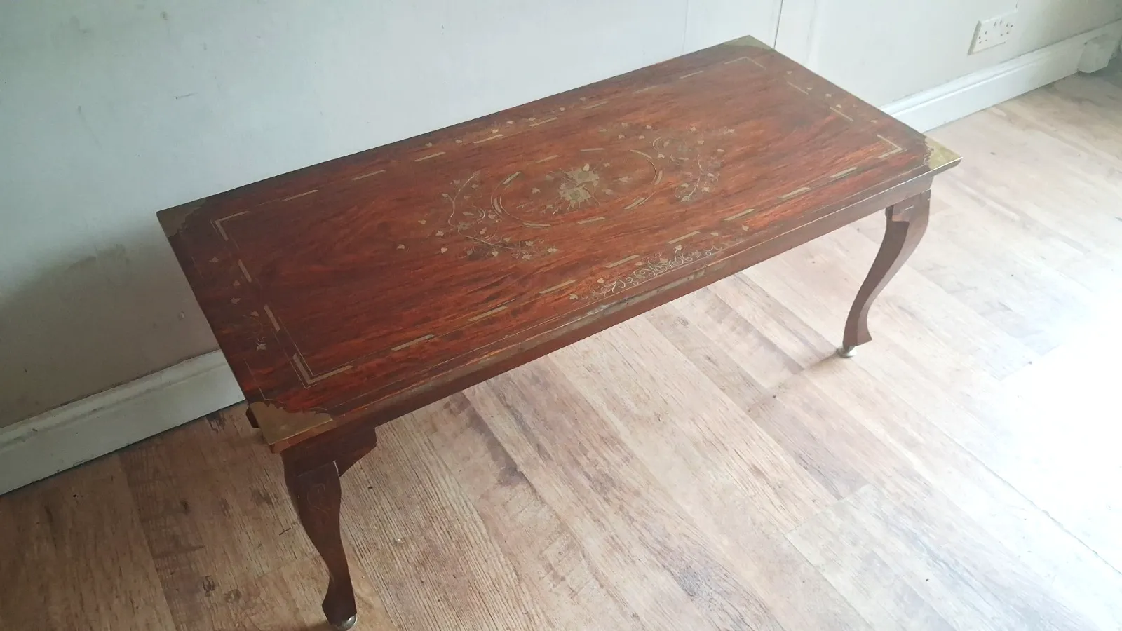 249.0 Beautiful Original Indian  Mid Century Brass Inlay Rosewood Drinks /Coffee Table photo