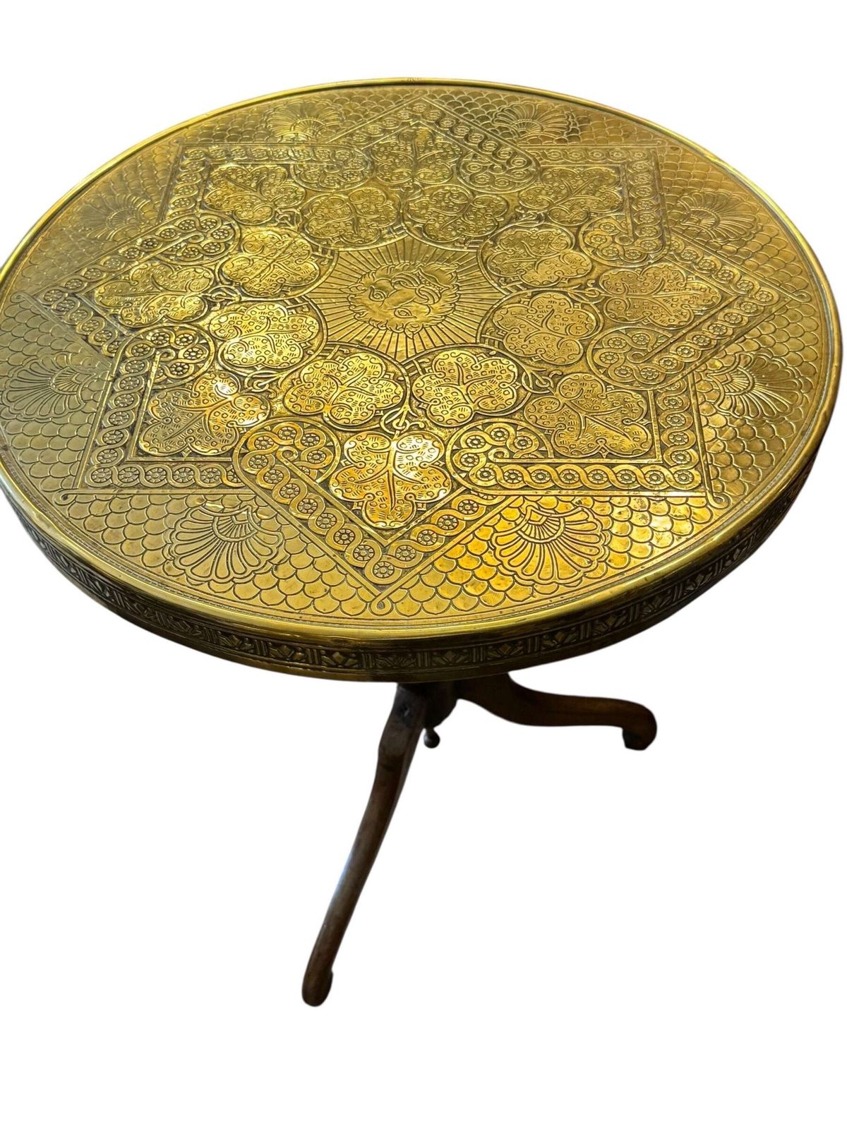 photo for sale Antique Moorish Brass Table – Hand Etched Lion Design – Tripod Wooden