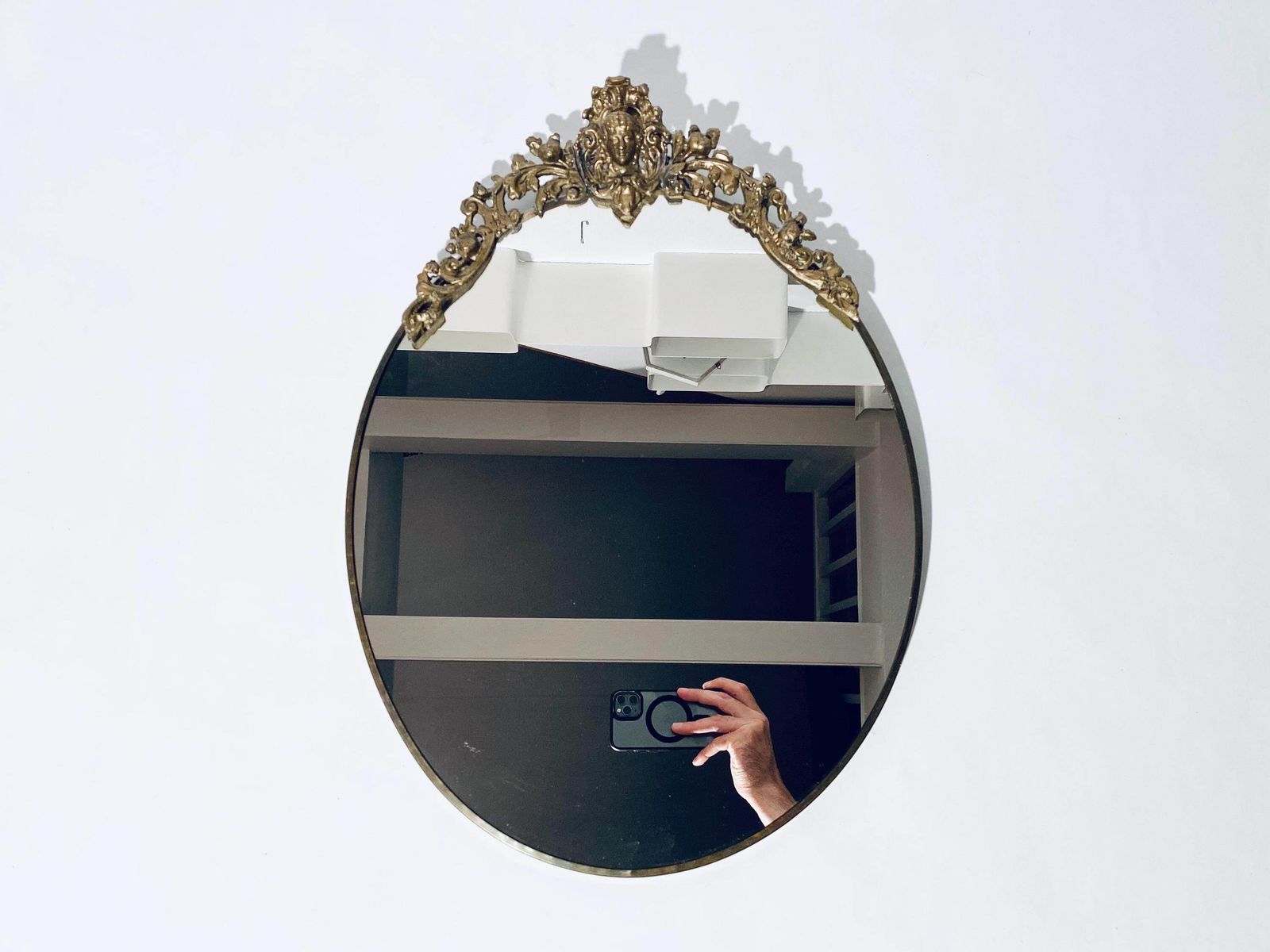 Antique Art Nouveau Wall Mirror / Golden Ornamented Oval Frame Shape / 1920s