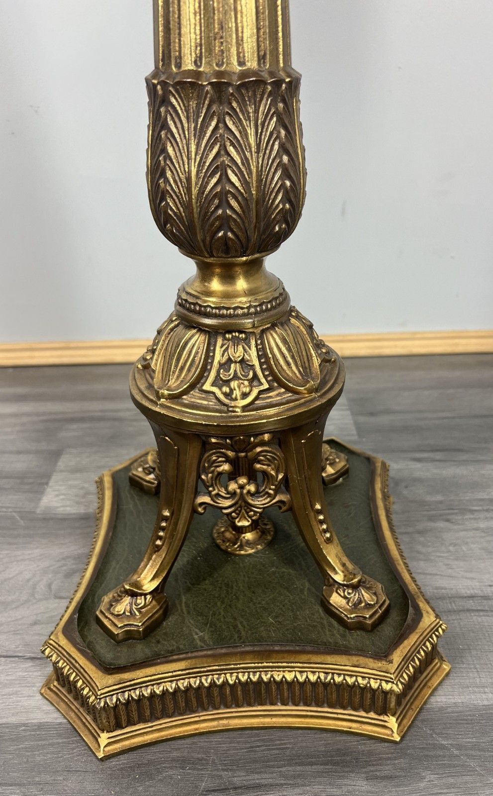 Vintage French Plant Stand Carved Green Leather Brass Base Table Lot 3895 photo vinterior