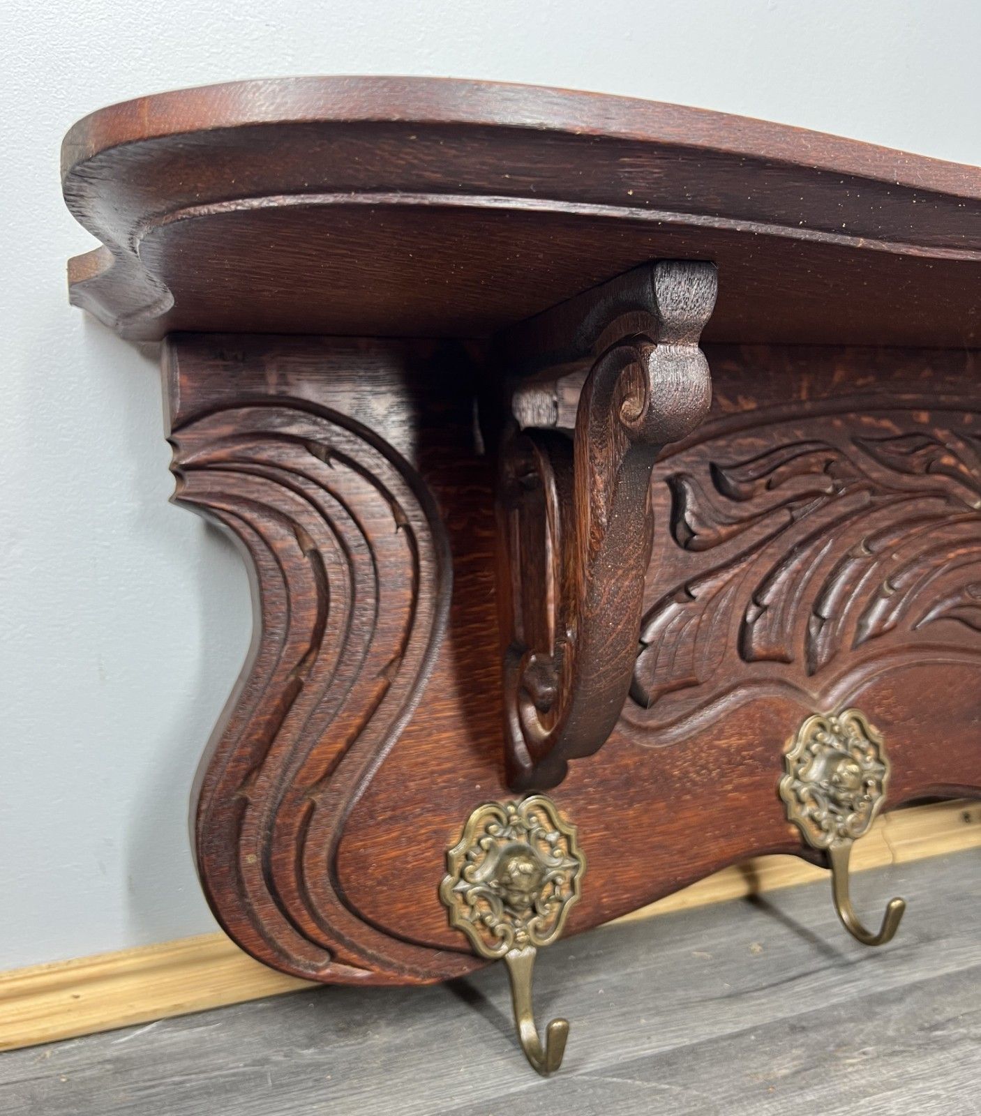 French Vintage Coat Rack Oak 7 Hooks Ornate Wall Shelf Carved Coat Lot 3885 photo buy
