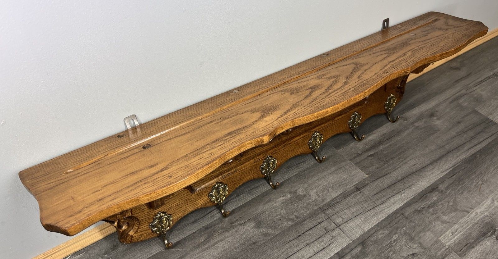 French Vintage Coat Rack Oak 6 Ornate Hooks Wall Shelf Carved Coat Lot 3880 photo vintage