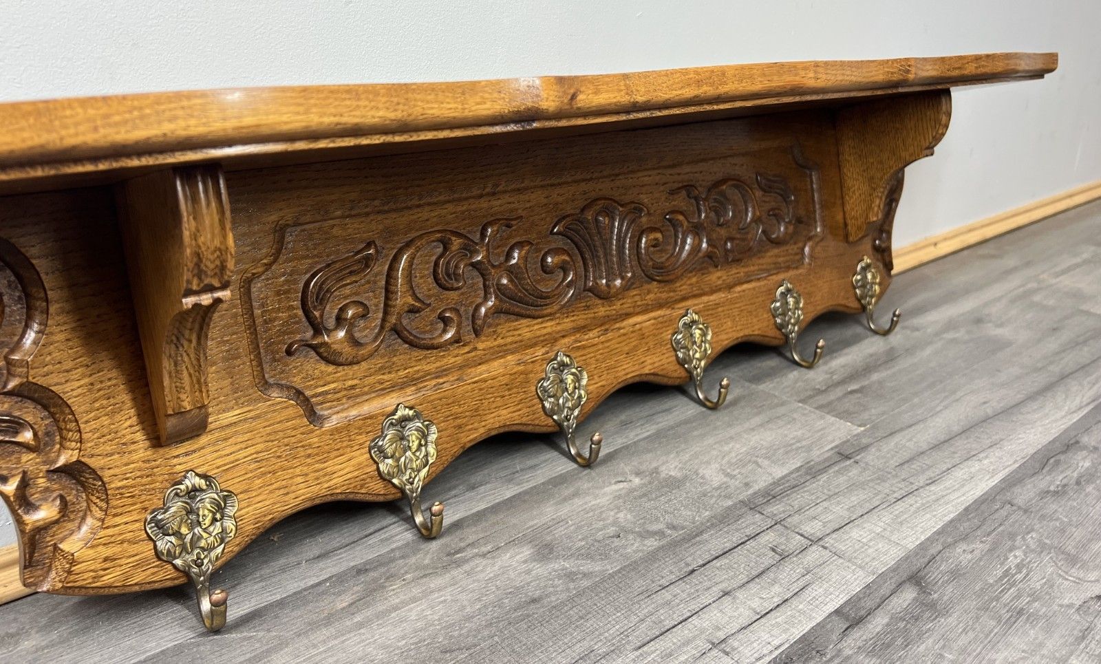photo for sale French Vintage Coat Rack Oak 6 Ornate Hooks Wall Shelf Carved Coat Lot 3880