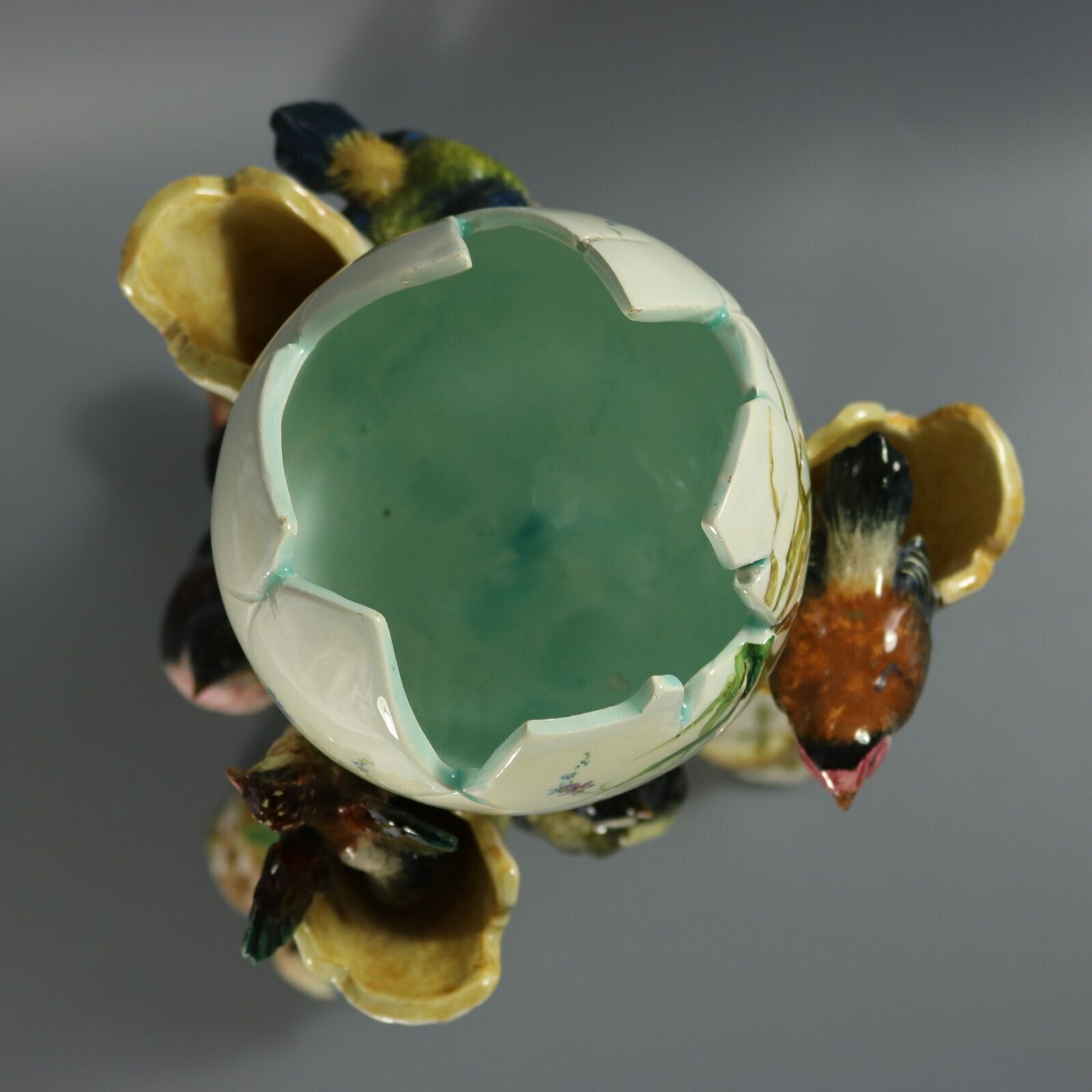 photo for sale Delphin Massier Majolica Birds On Bamboo Vase