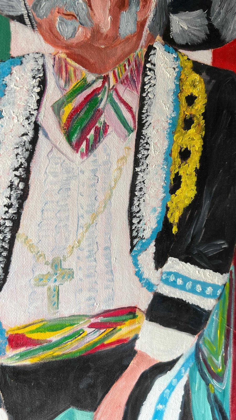 Contemporary Oil Painting On Canvas Board — Colourful Mexican Folk Portrait photo vintage