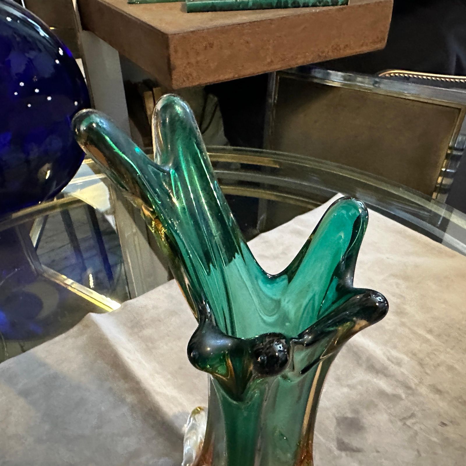 1970s Seguso Style Green And Yellow Sommerso Murano Glass Sculptural Vase photo vintage