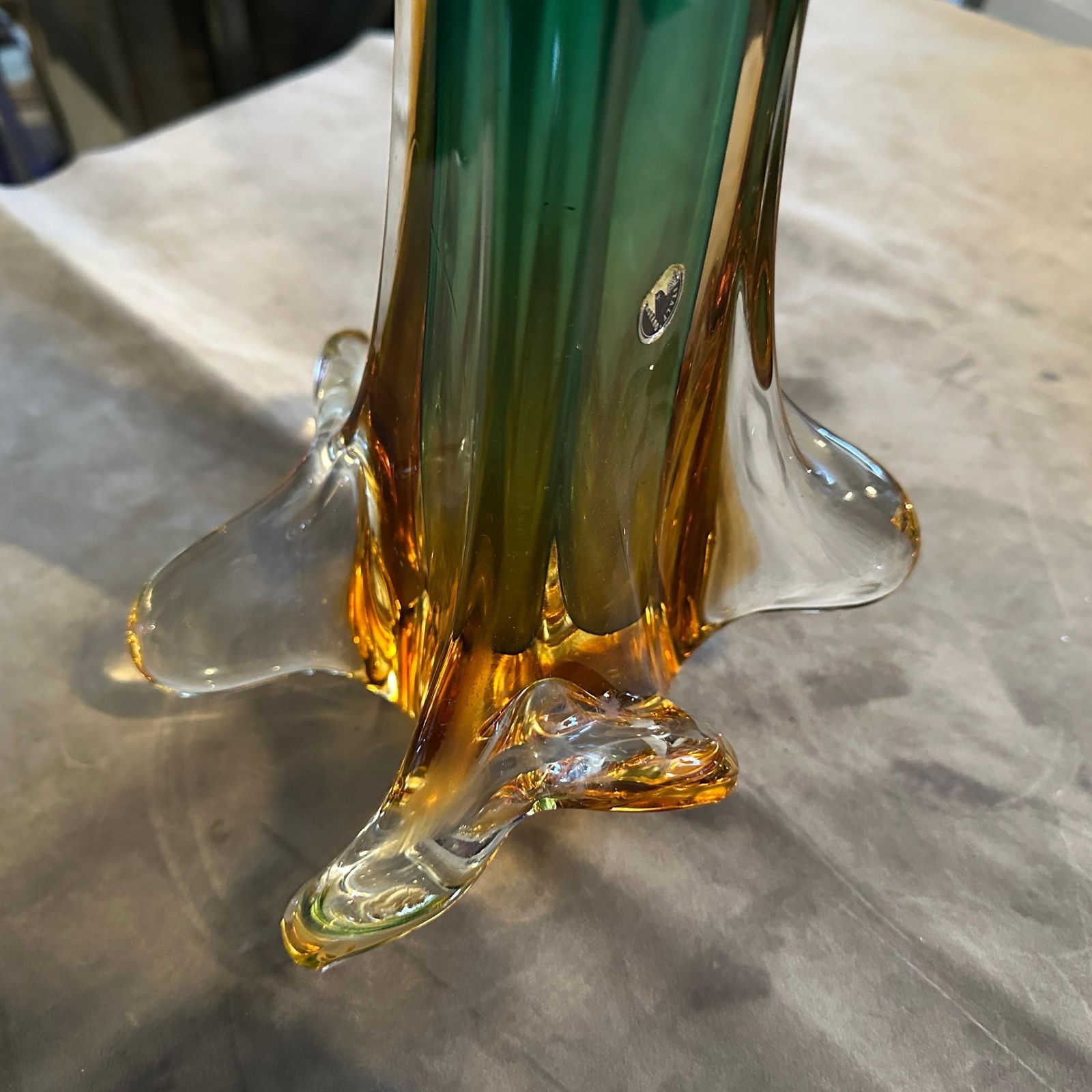 photo for sale 1970s Seguso Style Green And Yellow Sommerso Murano Glass Sculptural Vase