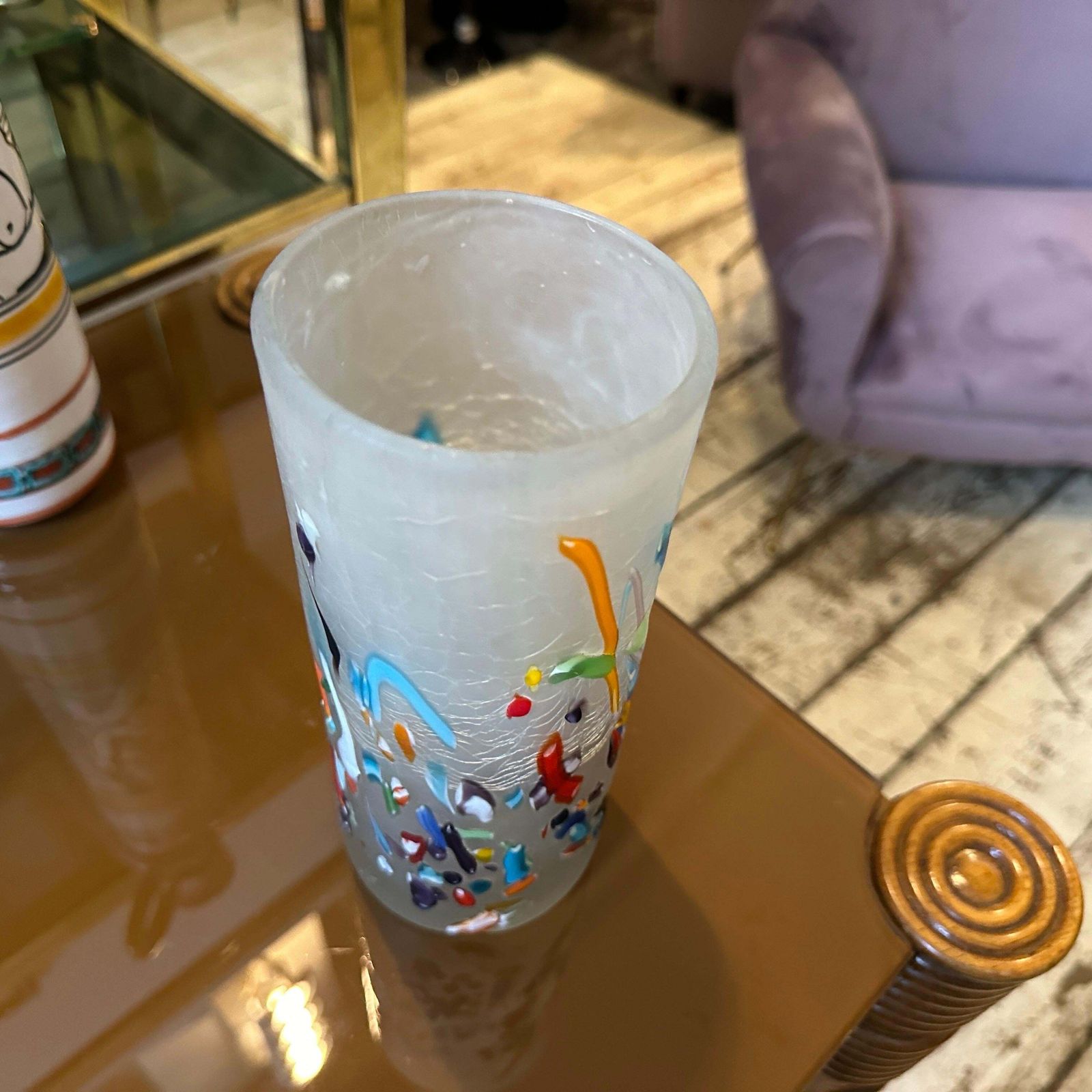 1980s Modern Millefiori Style Murano Glass Cylinder Vase photo for sale