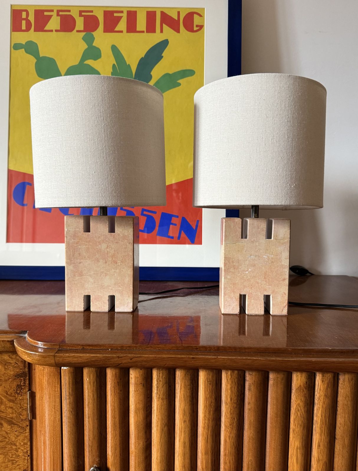 Hollywood Regency Pink Marble Set Of 2 Table Lamps, France 1970s photo furniture