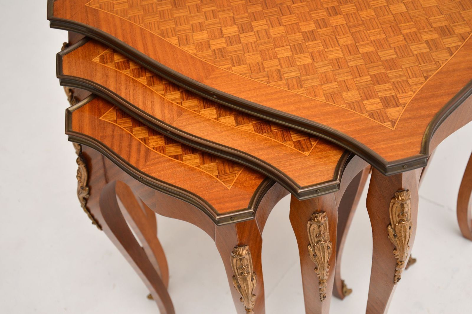 585.0 Antique French Louis XV Style Parquetry Top Nest Of Tables photo