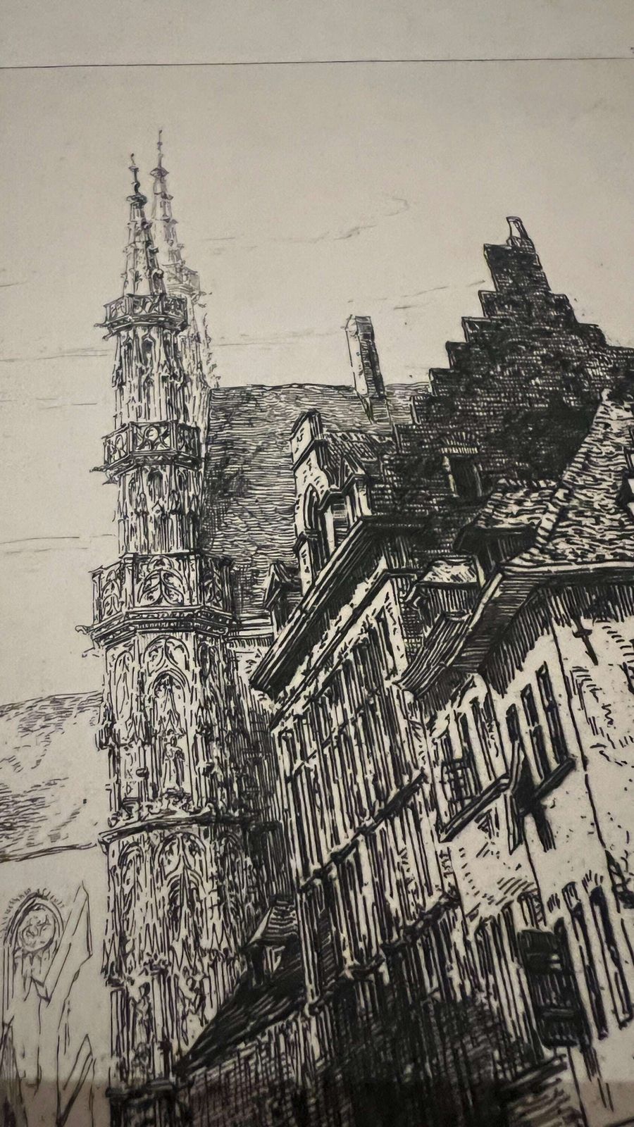 Antique 1878 Louvain Belgium Architectural Etching By Sir Ernest George | Historic City View With Hotel De Ville & Cathedral Spire photo buy