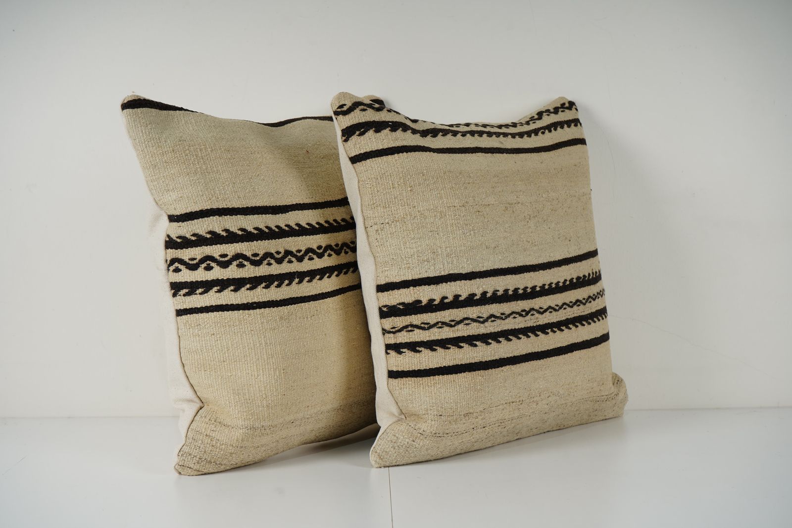 Set Of Two Striped Organic Wool Outdoor Turkish Striped Pillow Covers, Pair Anatolian Minimalist Old Kilim Pillow Covers photo furniture