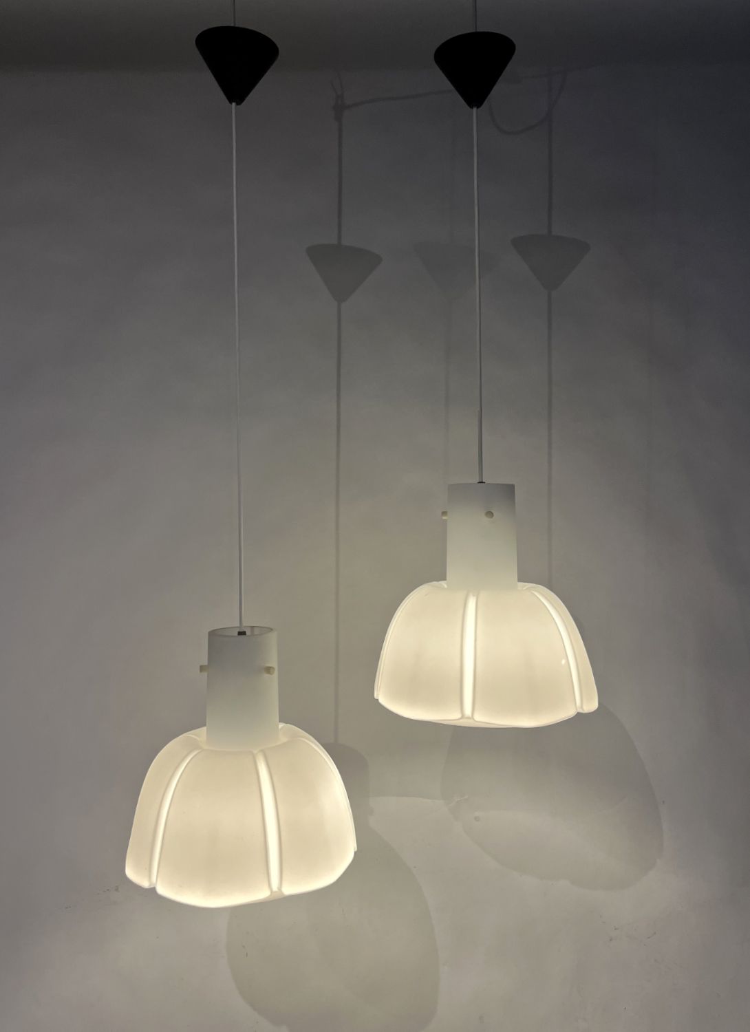 Pair Of 1970s Matt Opaline Glass Ceiling Pendants By Glashutte Limburg Germany   photo for sale
