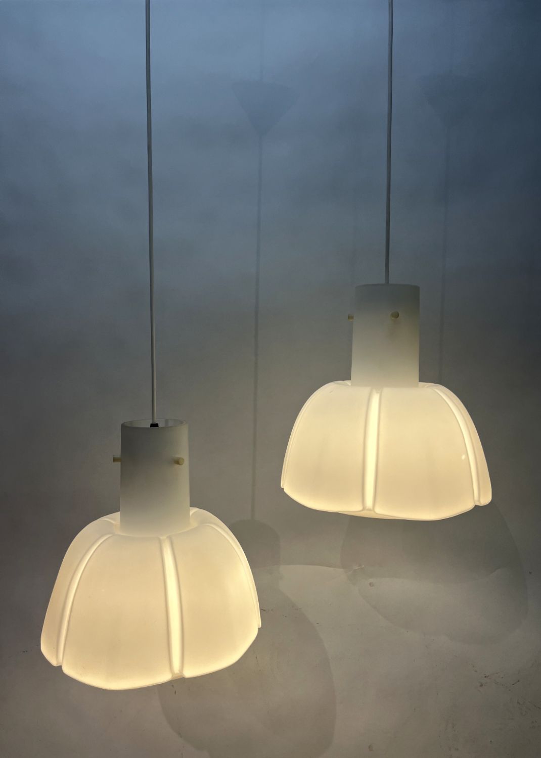 Pair Of 1970s Matt Opaline Glass Ceiling Pendants By Glashutte Limburg Germany   photo 695.0
