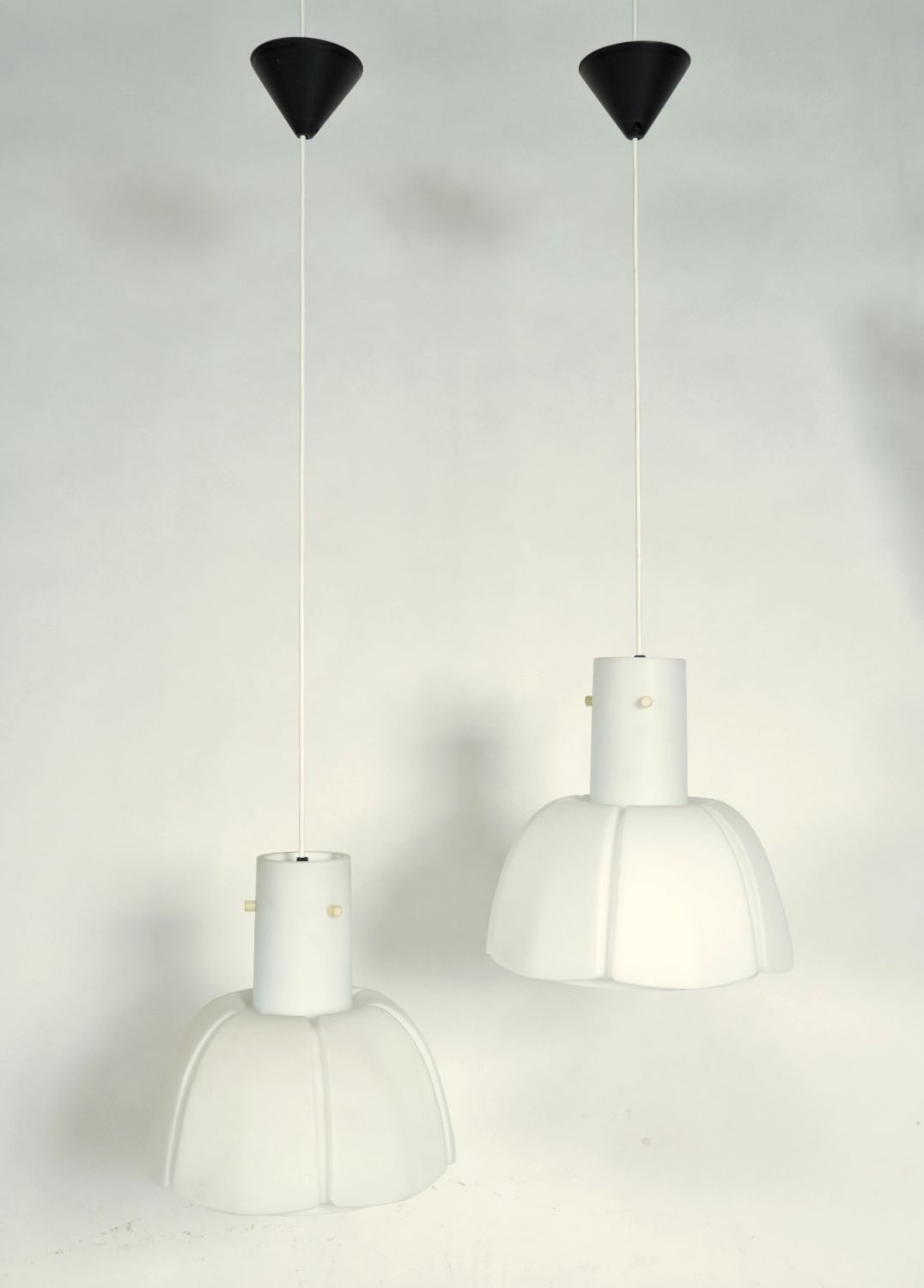 Pair Of 1970s Matt Opaline Glass Ceiling Pendants By Glashutte Limburg Germany  