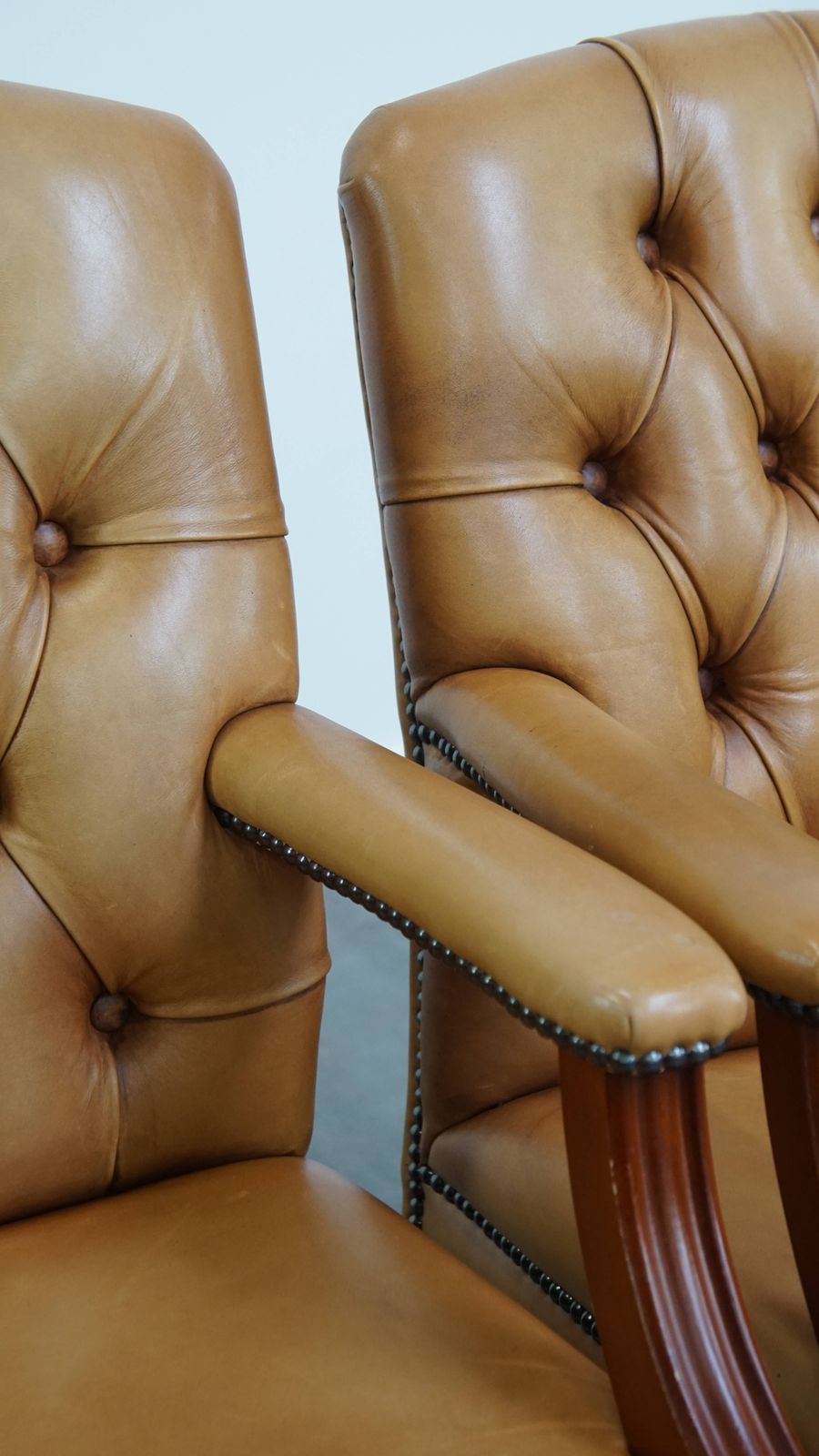 Furniture Set Of 2 Beautiful And Luxurious Cowhide Chesterfield Dining/Side Chairs In A Light Cognac Color photo