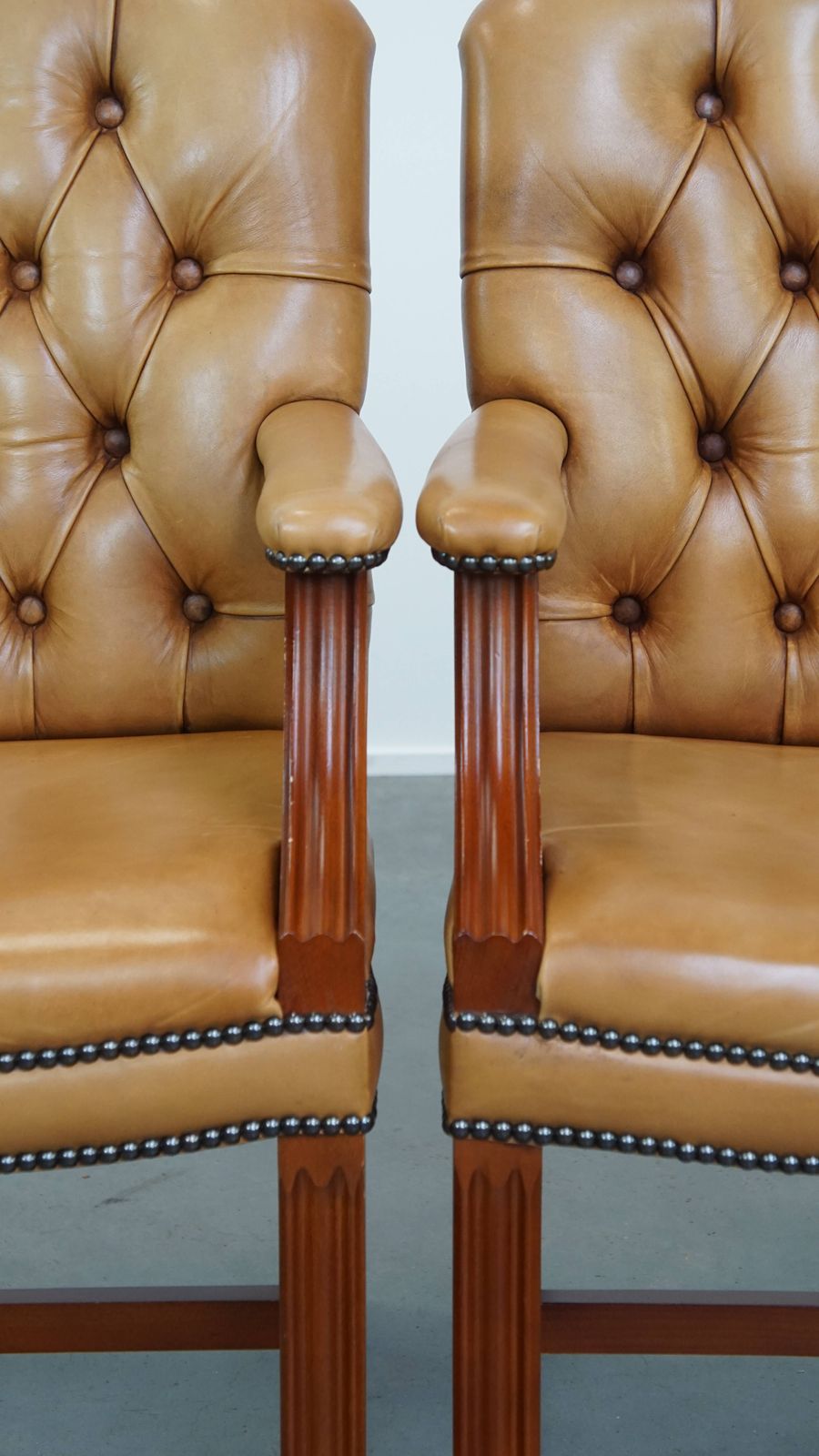 Furniture Set Of 4 Beautiful And Luxurious Cowhide Chesterfield Dining/Meeting Chairs In A Light Cognac Color photo
