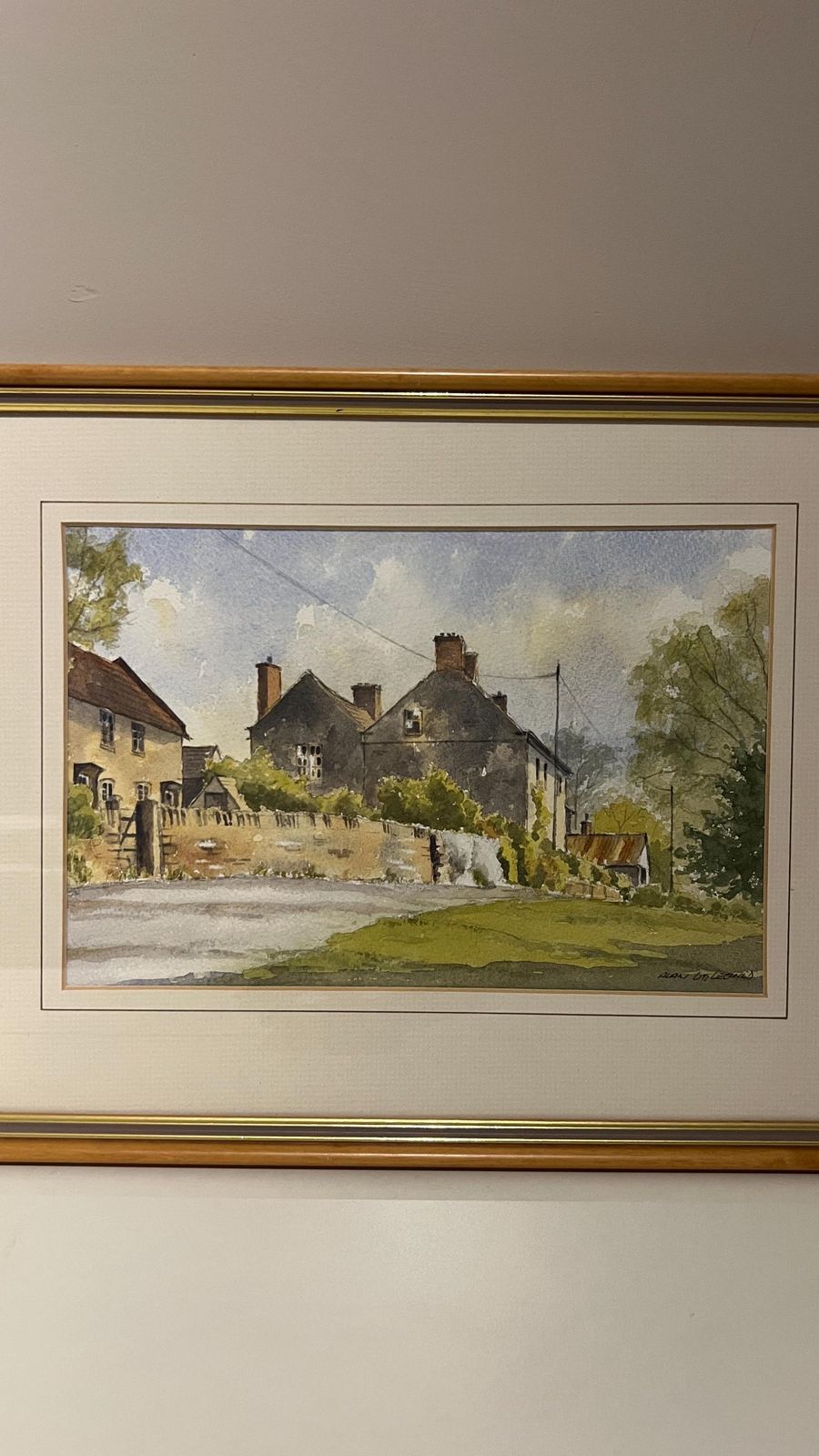 Charming Framed Watercolour Of Tissington Village, Derbyshire With Custom Natural Wood Frame photo for sale