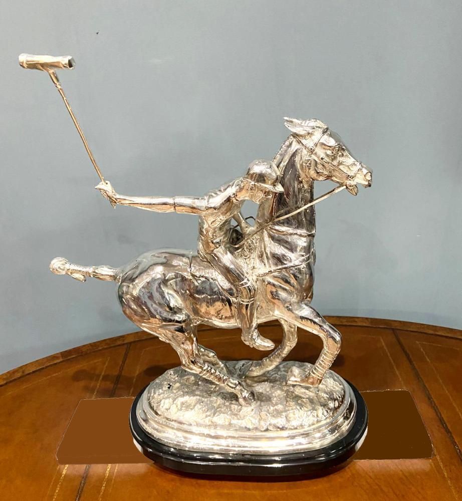 Silver Plated Polo Player Bronze Statue Horse Jockey Plate photo for sale