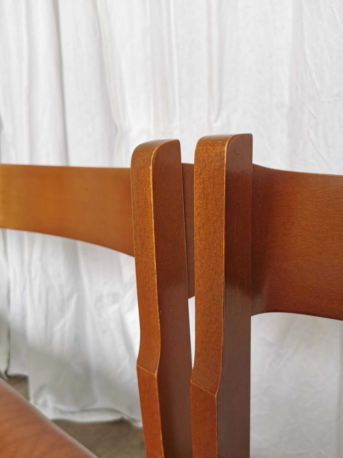 1 Of 5 Vintage Dining Chairs / 1970s Mid Century Wooden Sculptural Design With Brown Caramel Faux Leather Seats / Italian Modernist Design photo furniture
