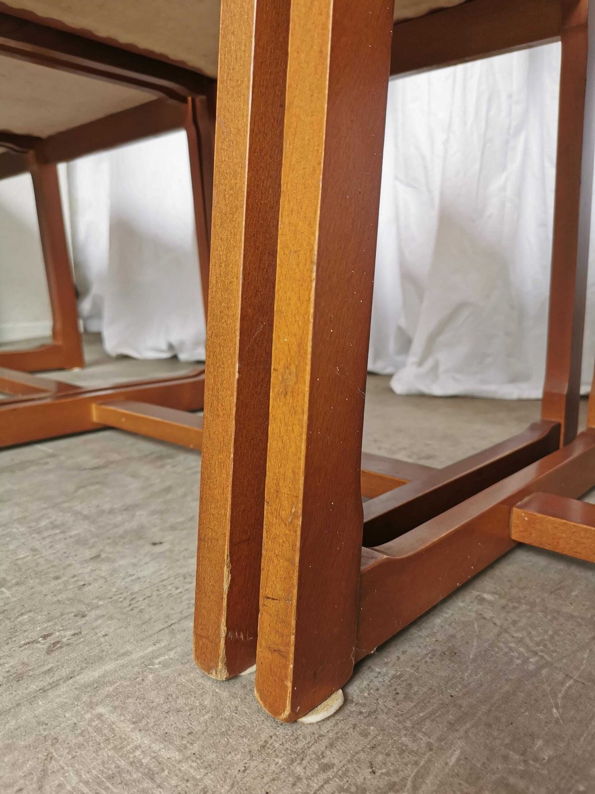 1 Of 5 Vintage Dining Chairs / 1970s Mid Century Wooden Sculptural Design With Brown Caramel Faux Leather Seats / Italian Modernist Design photo Furniture