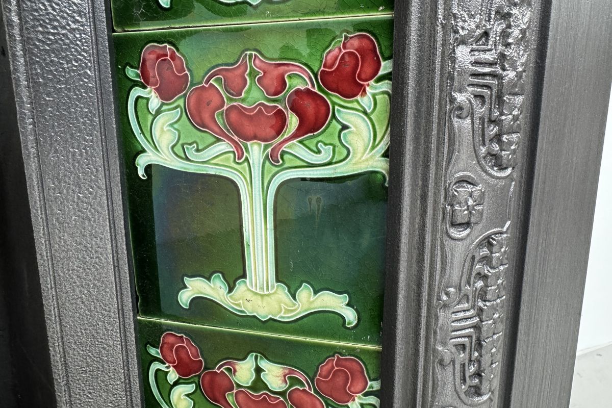 Antique Edwardian Art Nouveau Cast Iron Fireplace Grate photo vintage