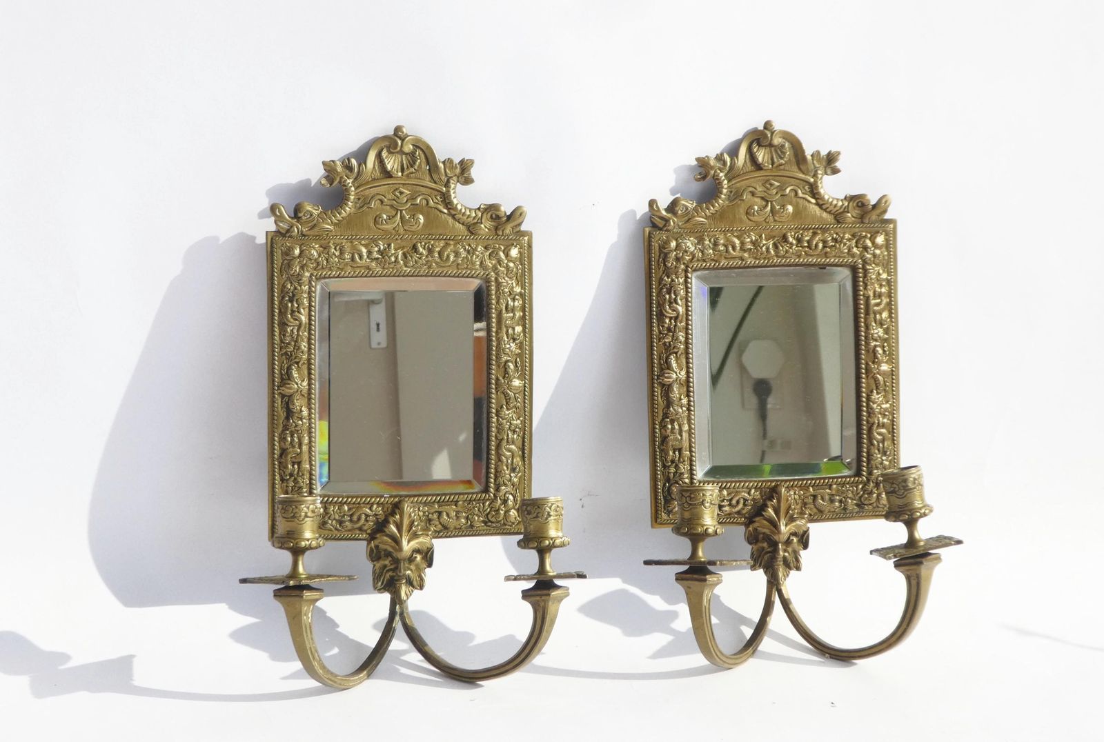 Antique Set Of Bronze Candelabras With Beveled Mirror, French Ornate Wall Sconces, Candlesticks photo furniture