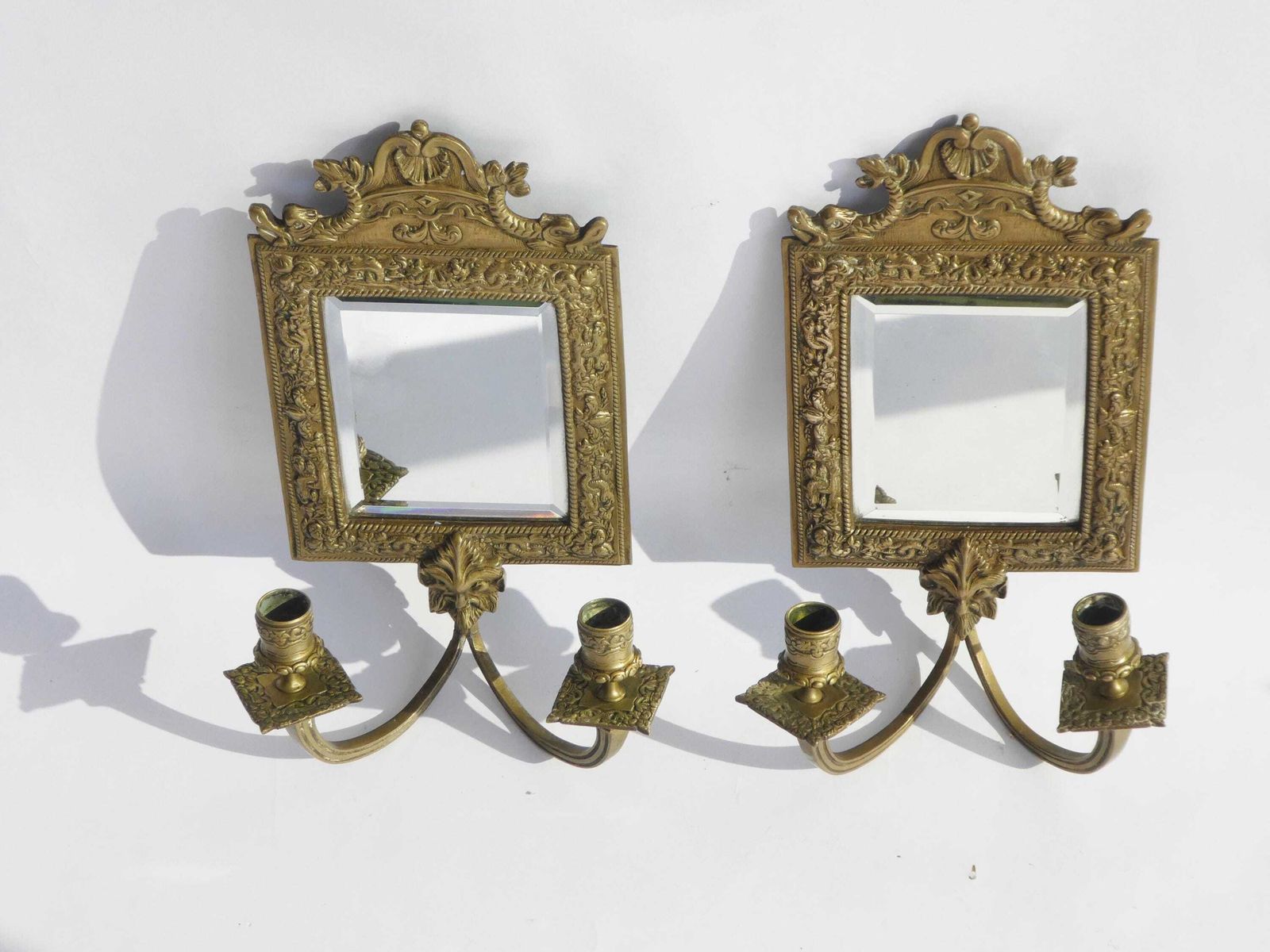 Antique Set Of Bronze Candelabras With Beveled Mirror, French Ornate Wall Sconces, Candlesticks photo for sale