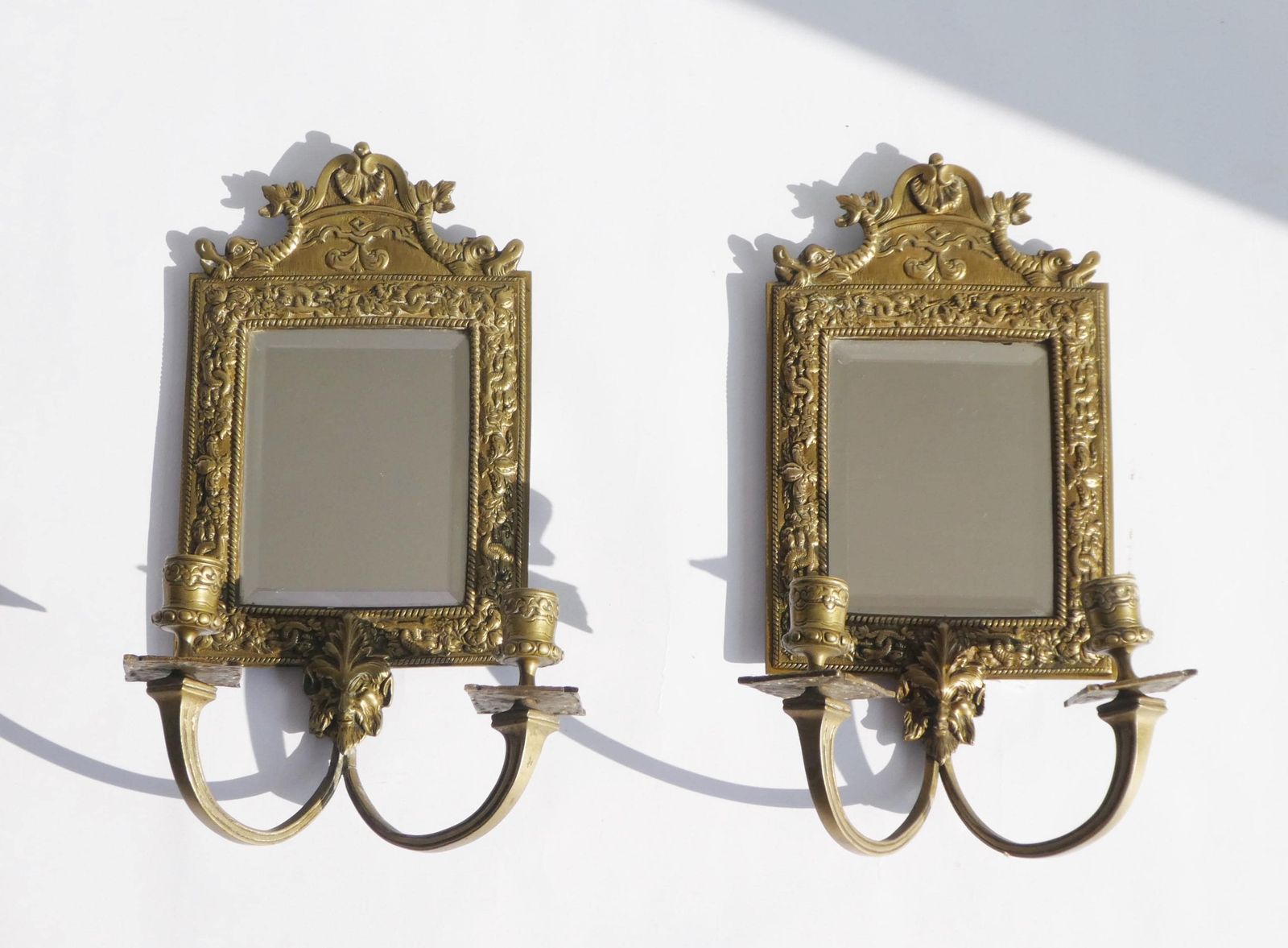 Antique Set Of Bronze Candelabras With Beveled Mirror, French Ornate Wall Sconces, Candlesticks photo buy