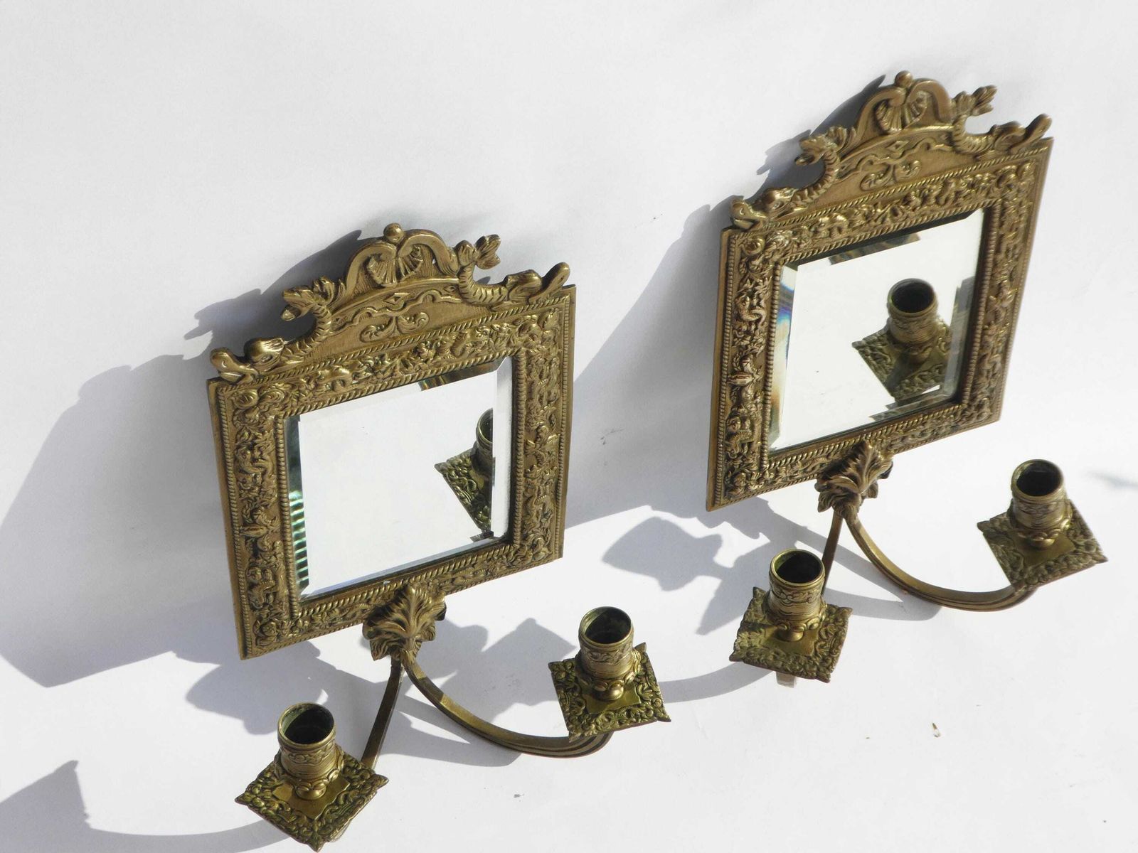 photo furniture Antique Set Of Bronze Candelabras With Beveled Mirror, French Ornate Wall Sconces, Candlesticks