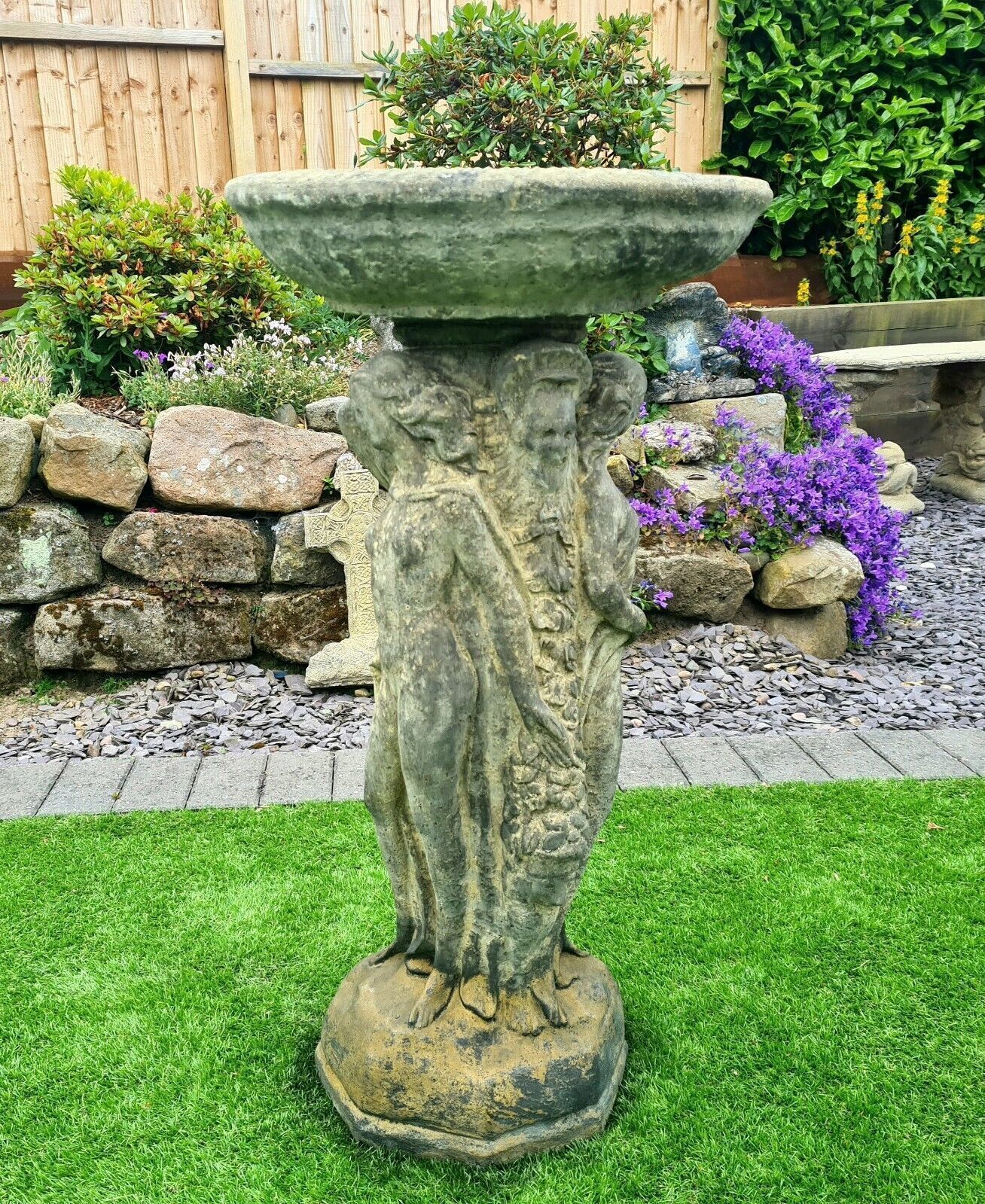 Superb Vintage 3 Graces Bird Bath English Country Stone 0181.