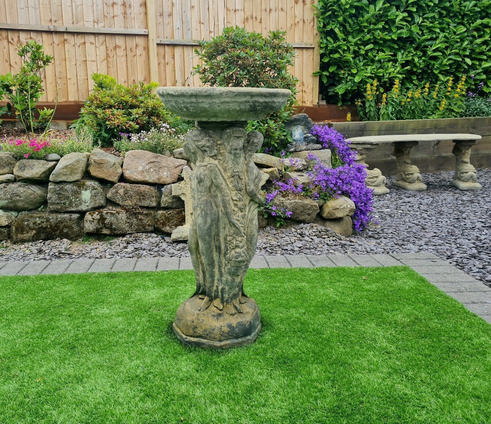 Superb Vintage 3 Graces Bird Bath English Country Stone 0181. photo furniture