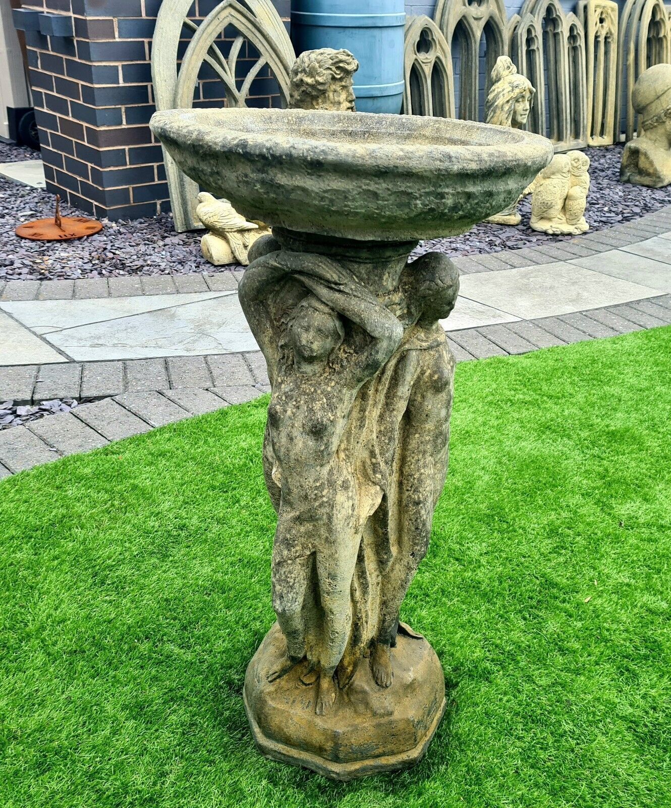 Superb Vintage 3 Graces Bird Bath English Country Stone 0181. photo buy