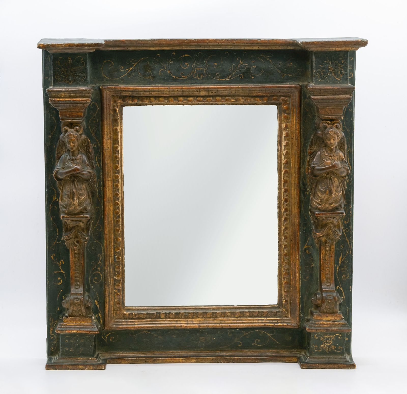 18th Century Italian Giltwood & Prussian Blue Painted Wall Mirror With Caryatid Side Columns photo vinterior