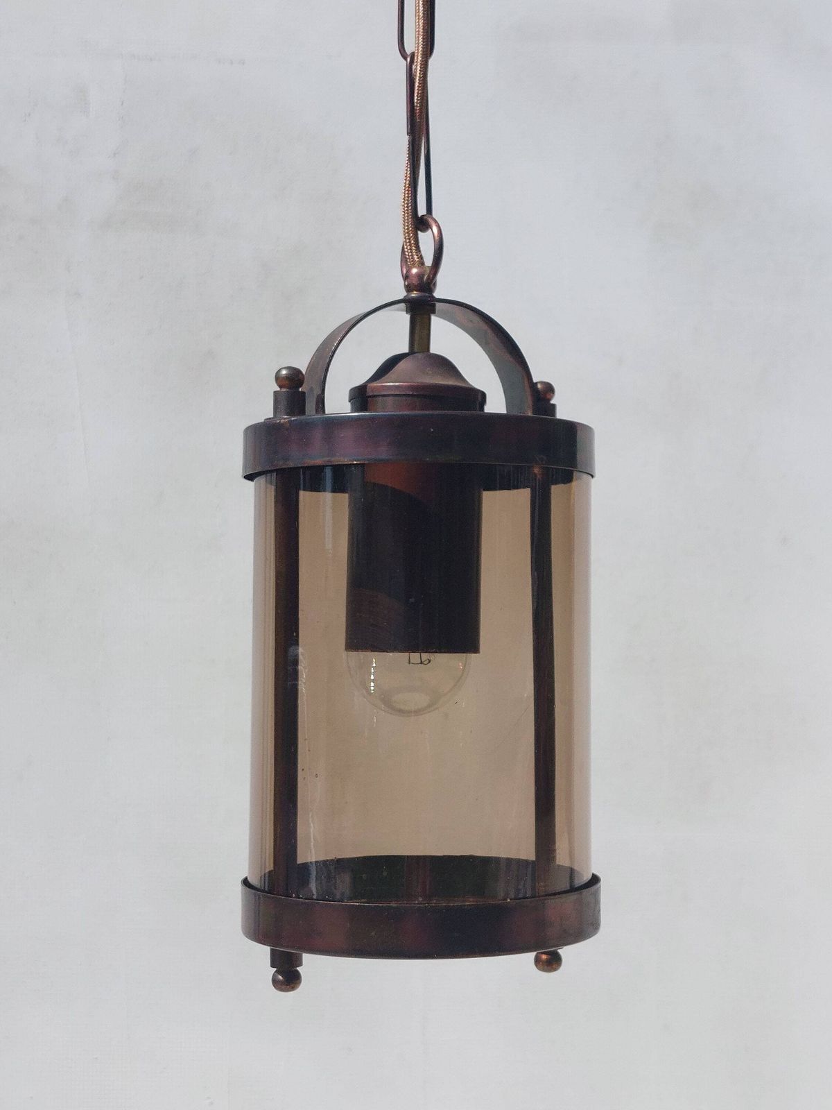 Vintage Chandelier, Brutalist Chandelier, Mid Century Pendant Lamp, Vintage Pendant Lamp, Copper Smoked Glass, 70's photo for sale