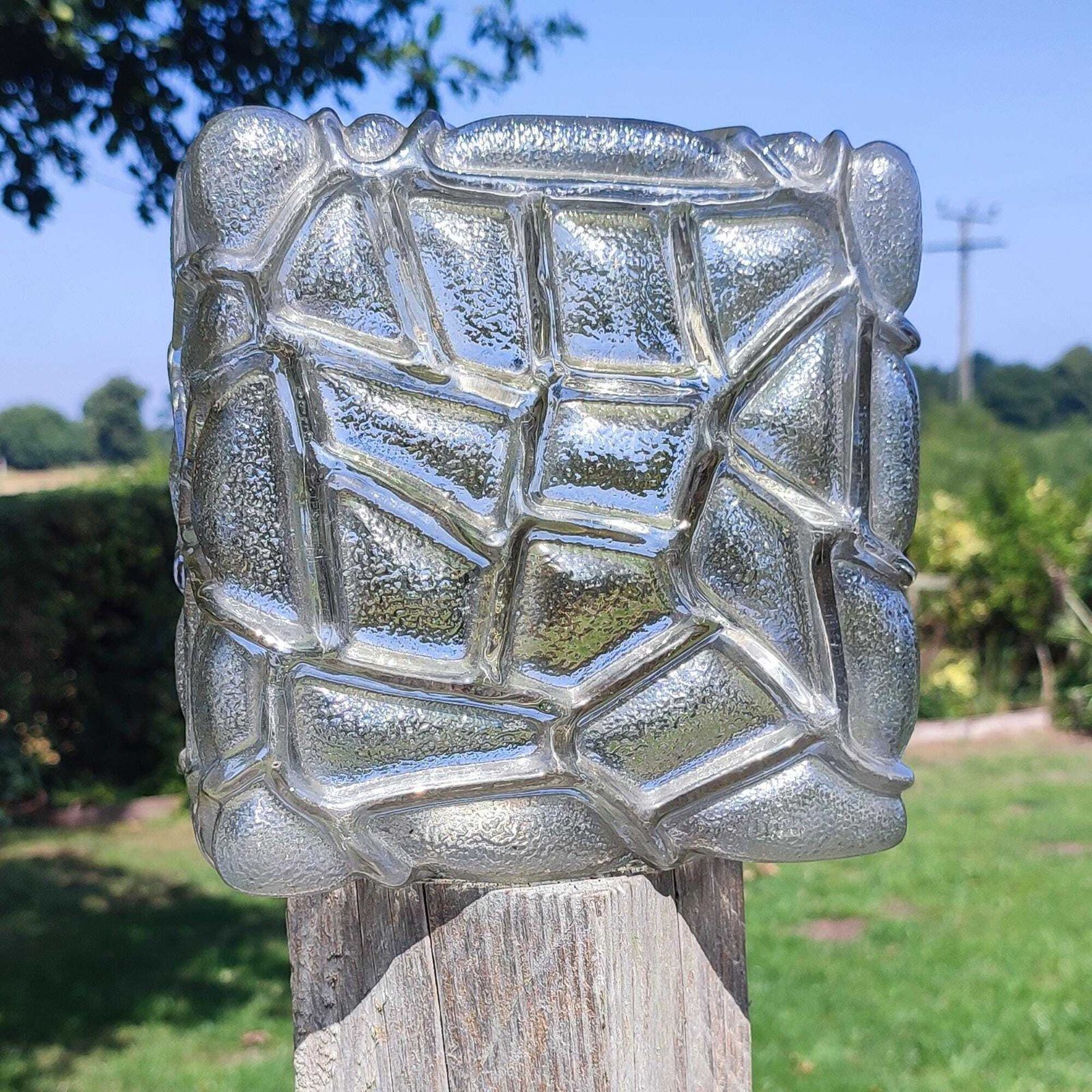 Mid Century Vintage Ice Glass Wall Sconce / Ceiling Light   Square Textured Brutalist Flush Mount Czech Style Lighting Shade Retro Lighting