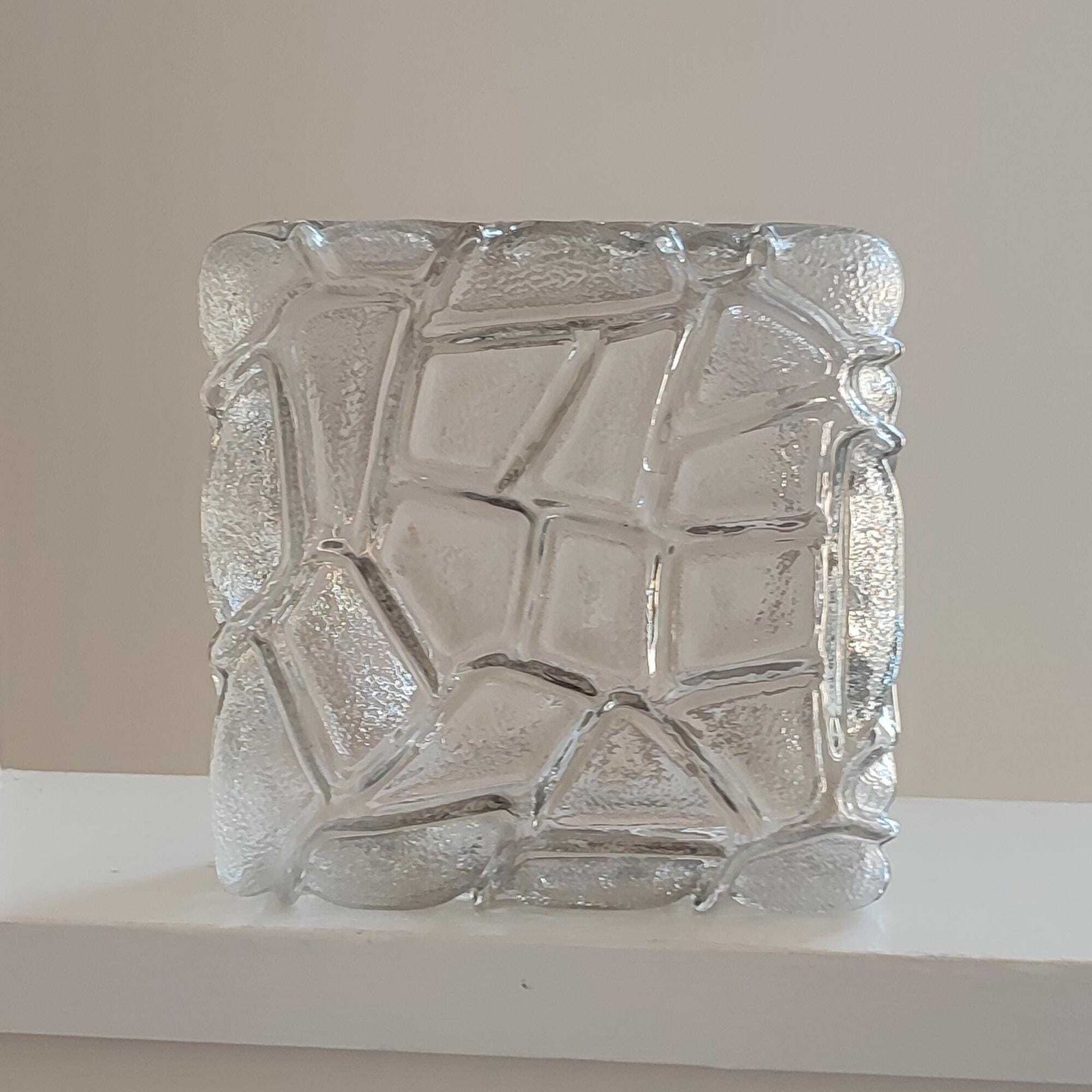 Mid Century Vintage Ice Glass Wall Sconce / Ceiling Light   Square Textured Brutalist Flush Mount Czech Style Lighting Shade Retro Lighting photo vinterior