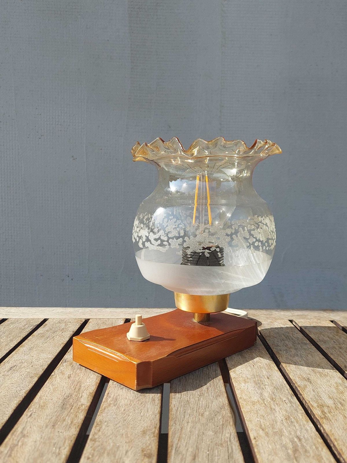 Vintage Bedside Lamp, Vintage Table Lamp, Mid Century Table Lamp, Glass And Wood Table Lamp, 1970s photo vinterior