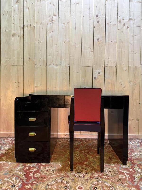 Bureau Laqué Noir De Style Art Déco Et Sa Chaise photo 1580.0